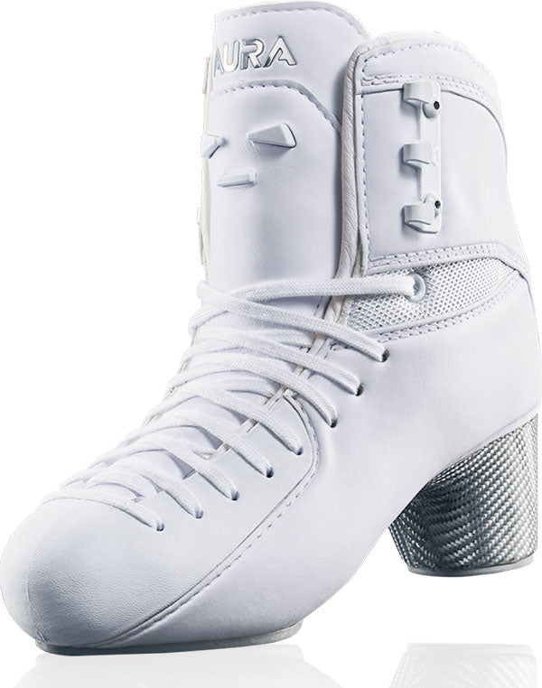 Aura by TRUE Women's Figure Skates - Lightweight Carbon Sky 100 boot in white with reinforced ankle support and carbon fiber heel for performance.