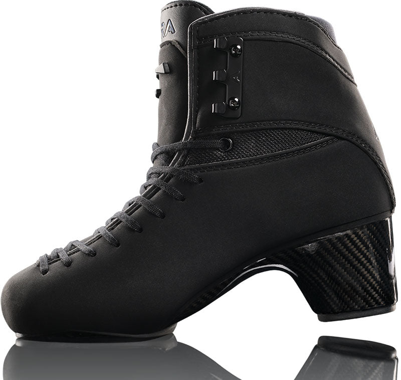 Aura by TRUE Mens Sky Figure Skate Boots in black with carbon fiber heel, designed for elite performance and comfort on the ice.