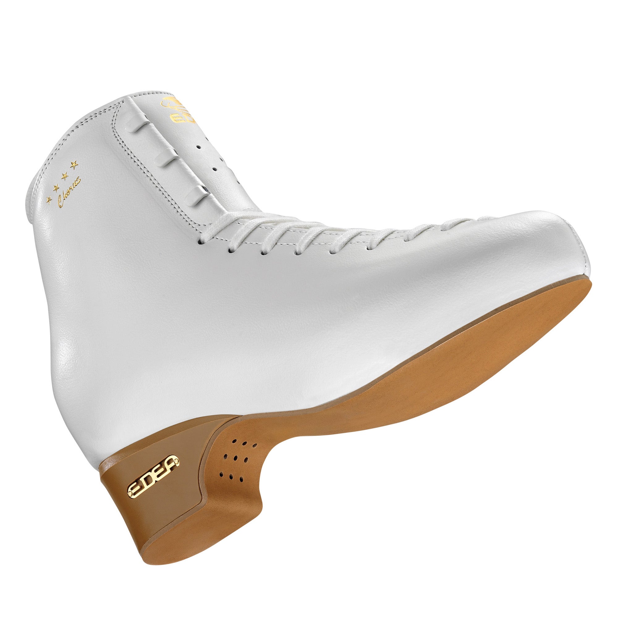 Edea Chorus figure skate boot in white with tan sole, ideal for competitive skaters performing double jumps.