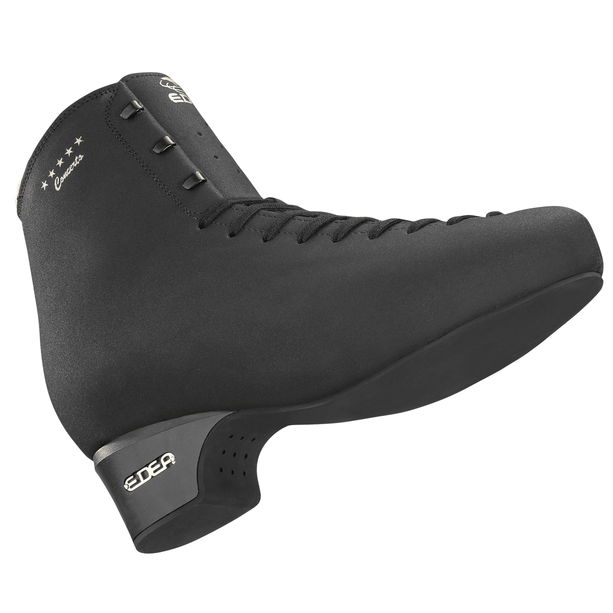 Black Edea Concerto Figure Skate Boots with sleek matte finish, ideal for professional figure skaters demanding strength and precision.