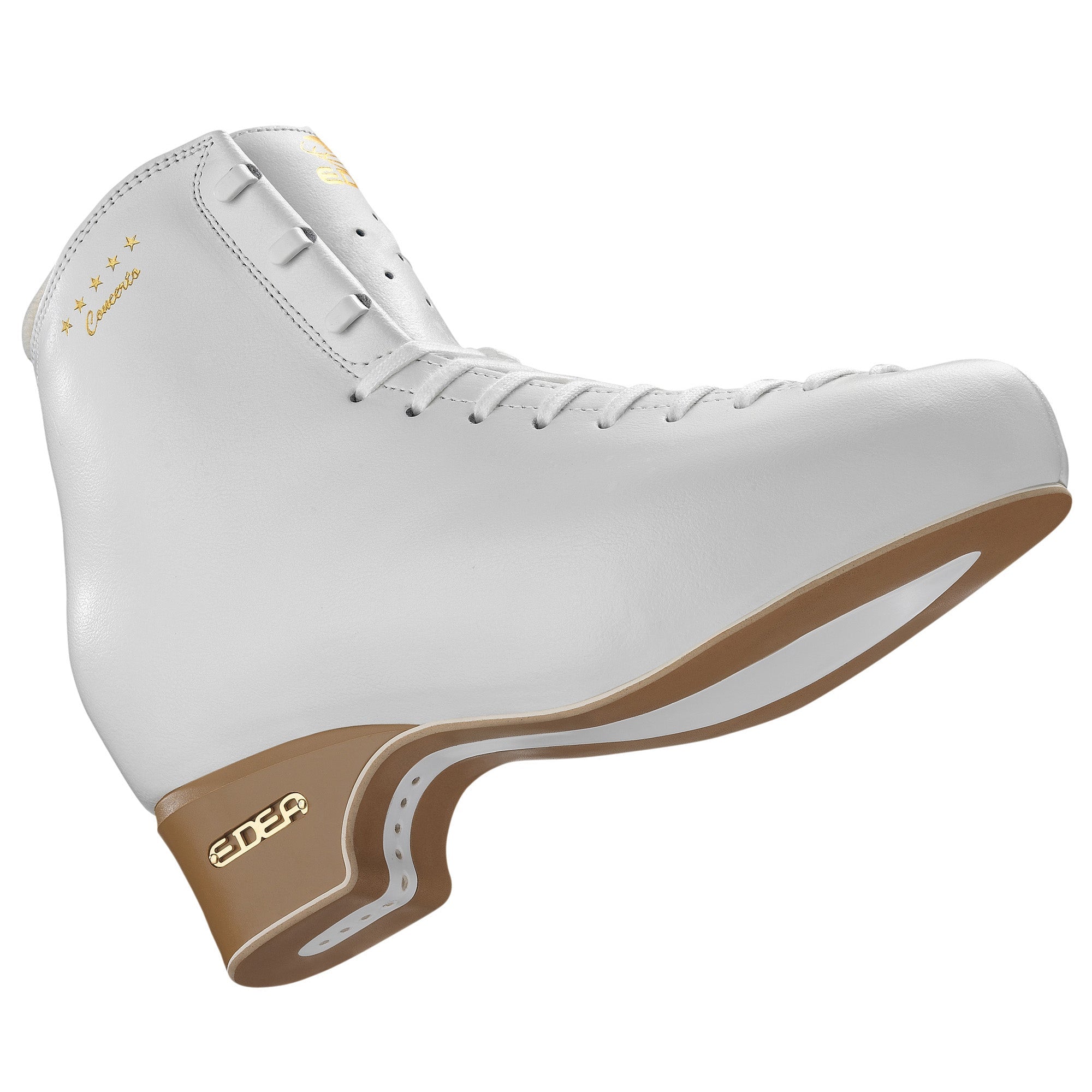 Edea Concerto Figure Skate Boots in white with brown sole, designed for advanced skaters seeking high performance and ankle support.