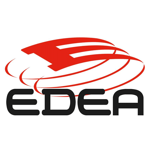 Edea logo in red and black with dynamic swirl design, representing the premium Italian brand known for elite figure skating gear.