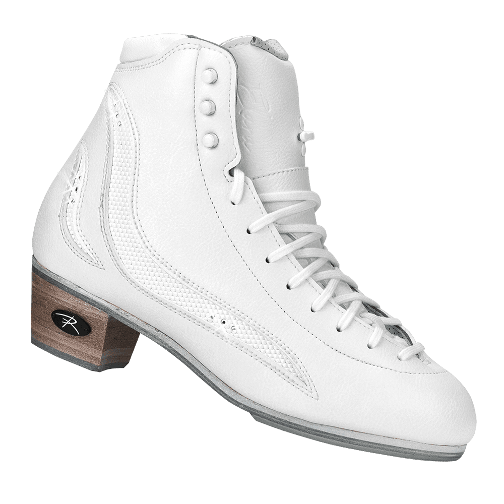 Riedell Elara womens figure skate boots in white with detailed stitching and reinforced ankle support, ideal for competitive figure skaters.