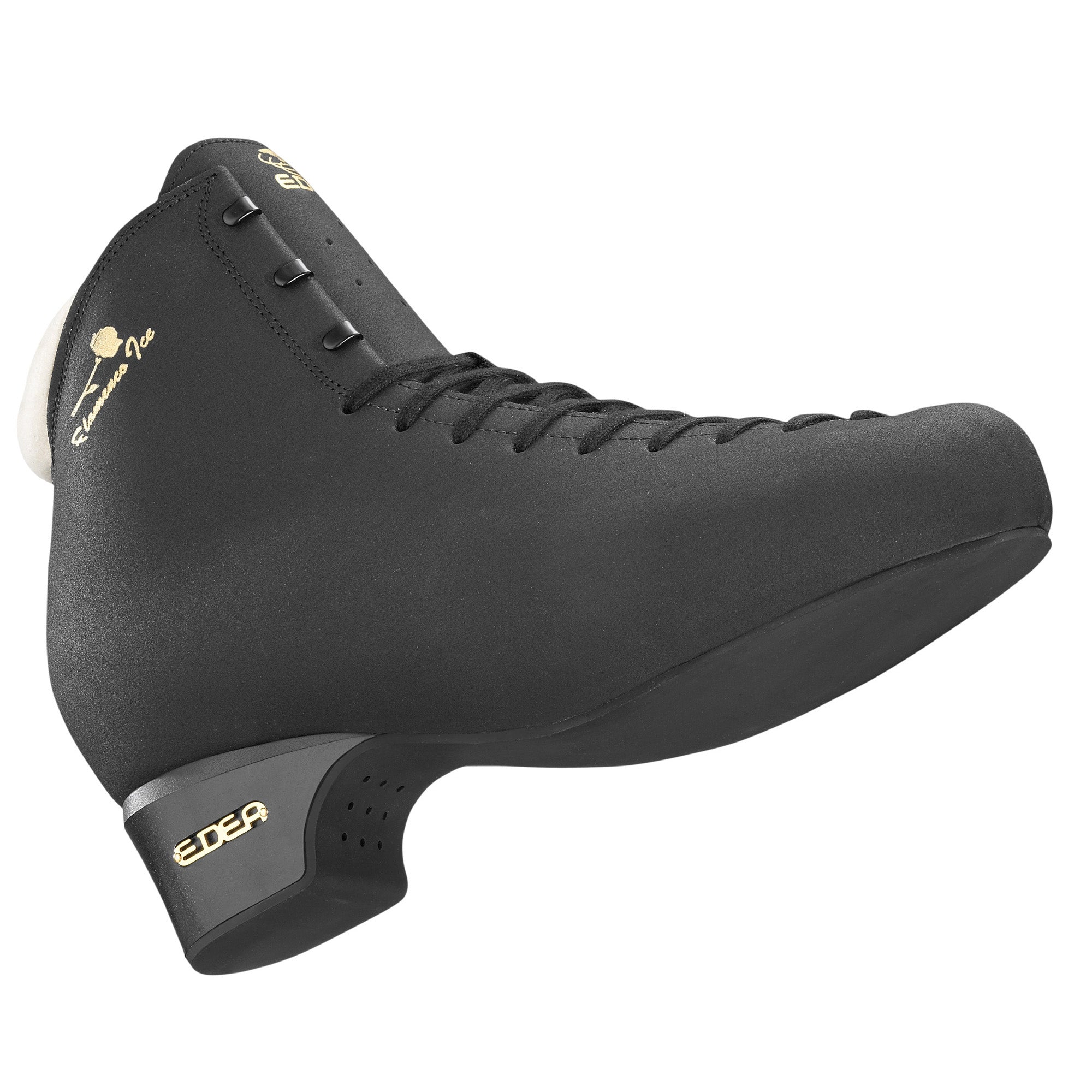 Edea Flamenco Figure Skate Boots in black with gold heel logo, crafted for elegance and performance in ice dancing.