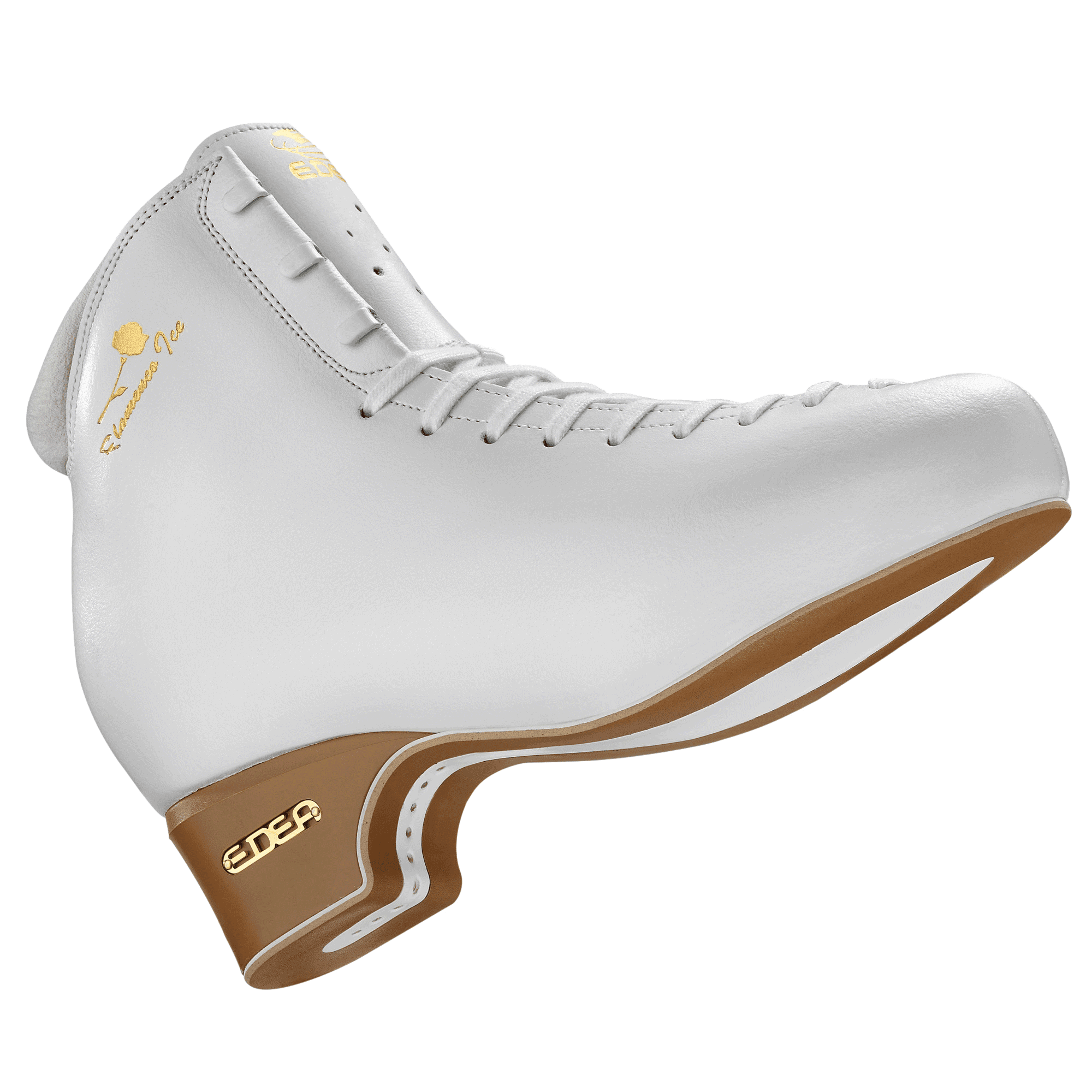 Edea Flamenco Figure Skate Boots in white with brown sole, designed for advanced ice dancers seeking flexibility and support.