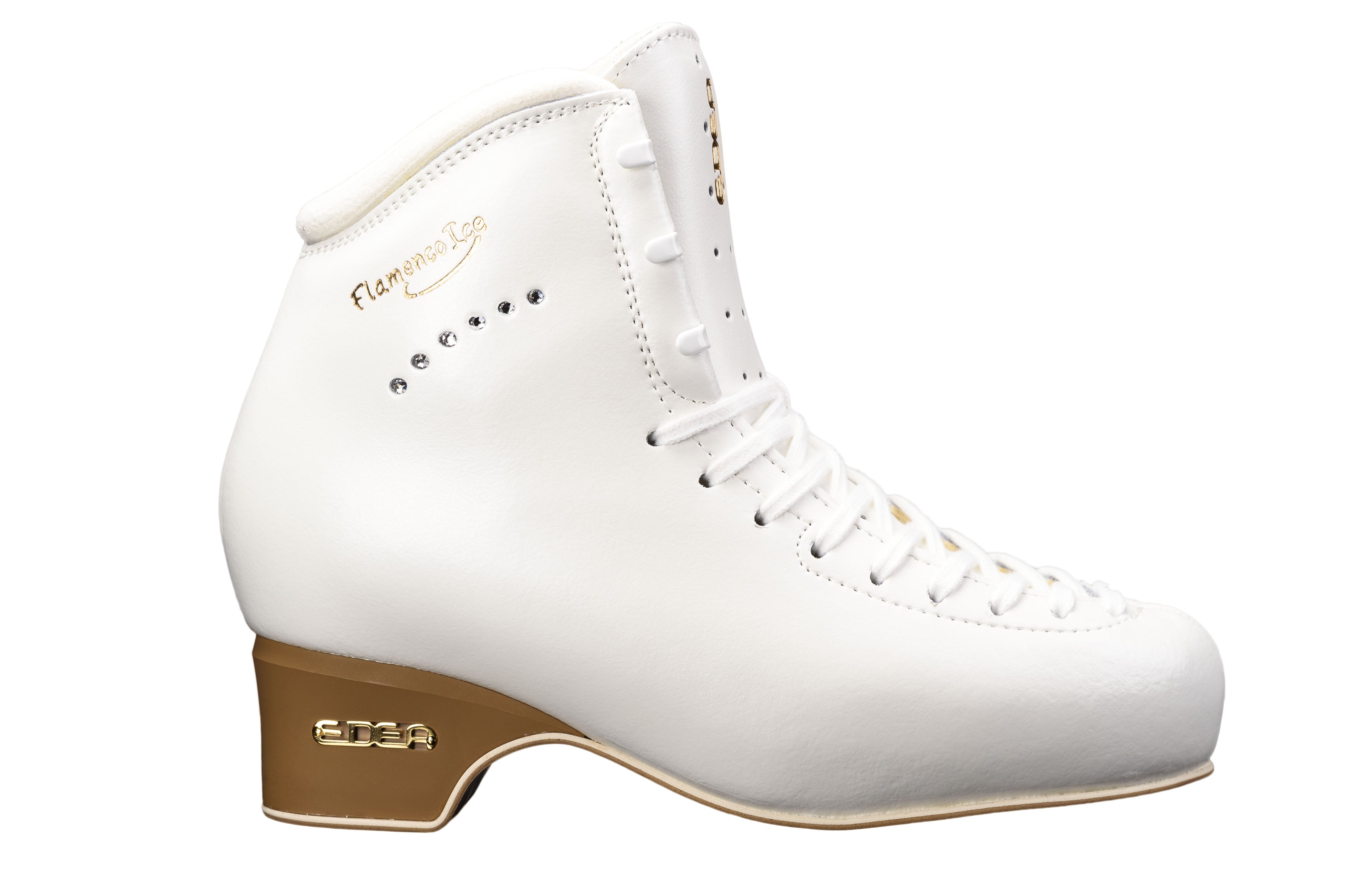 Side view of Edea Flamenco Figure Skate Boots in white, showcasing elegant stitching and gold branding for professional figure skaters.