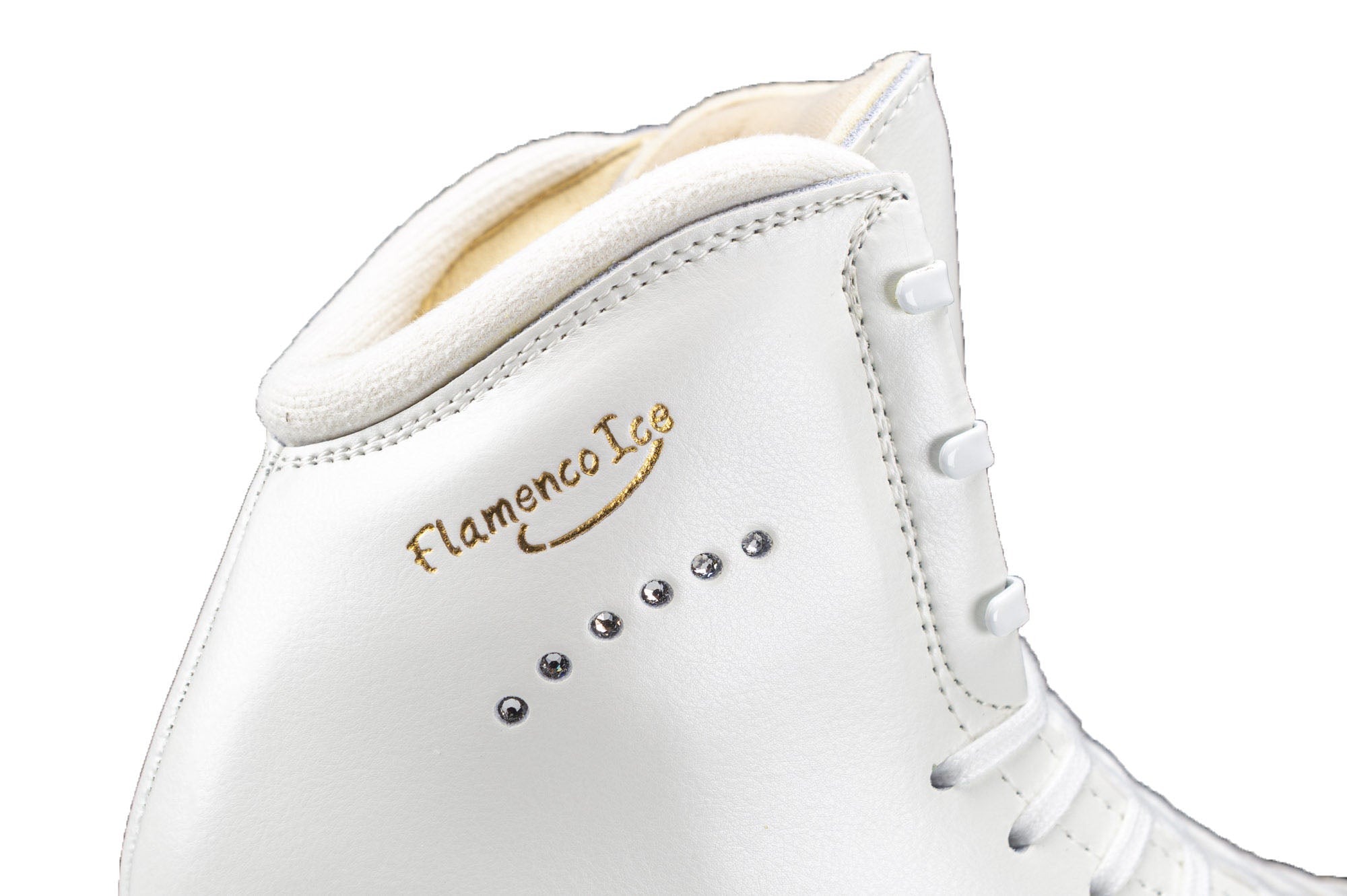 Detailed view of the Edea Flamenco Ice branding and rhinestone accents on the upper ankle area of the figure skate boot.