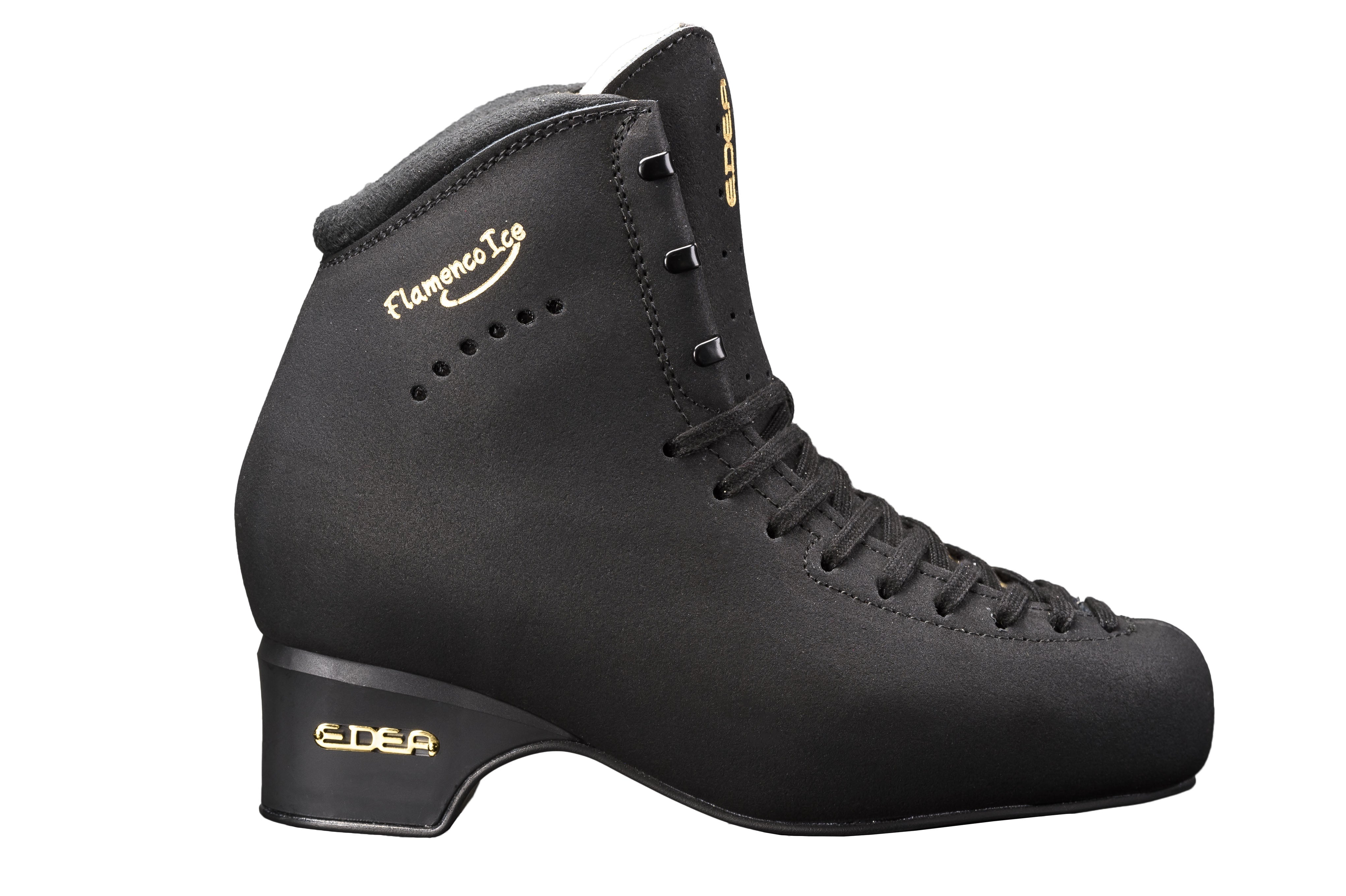 Side profile of black Edea Flamenco Figure Skate Boots featuring gold branding and sleek design for competitive figure skaters.