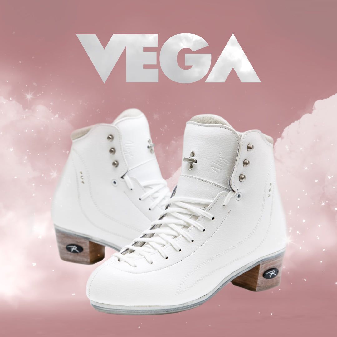Pair of Riedell Vega womens figure skate boots shown with Vega branding, ideal for high-performance figure skating with stylish design.