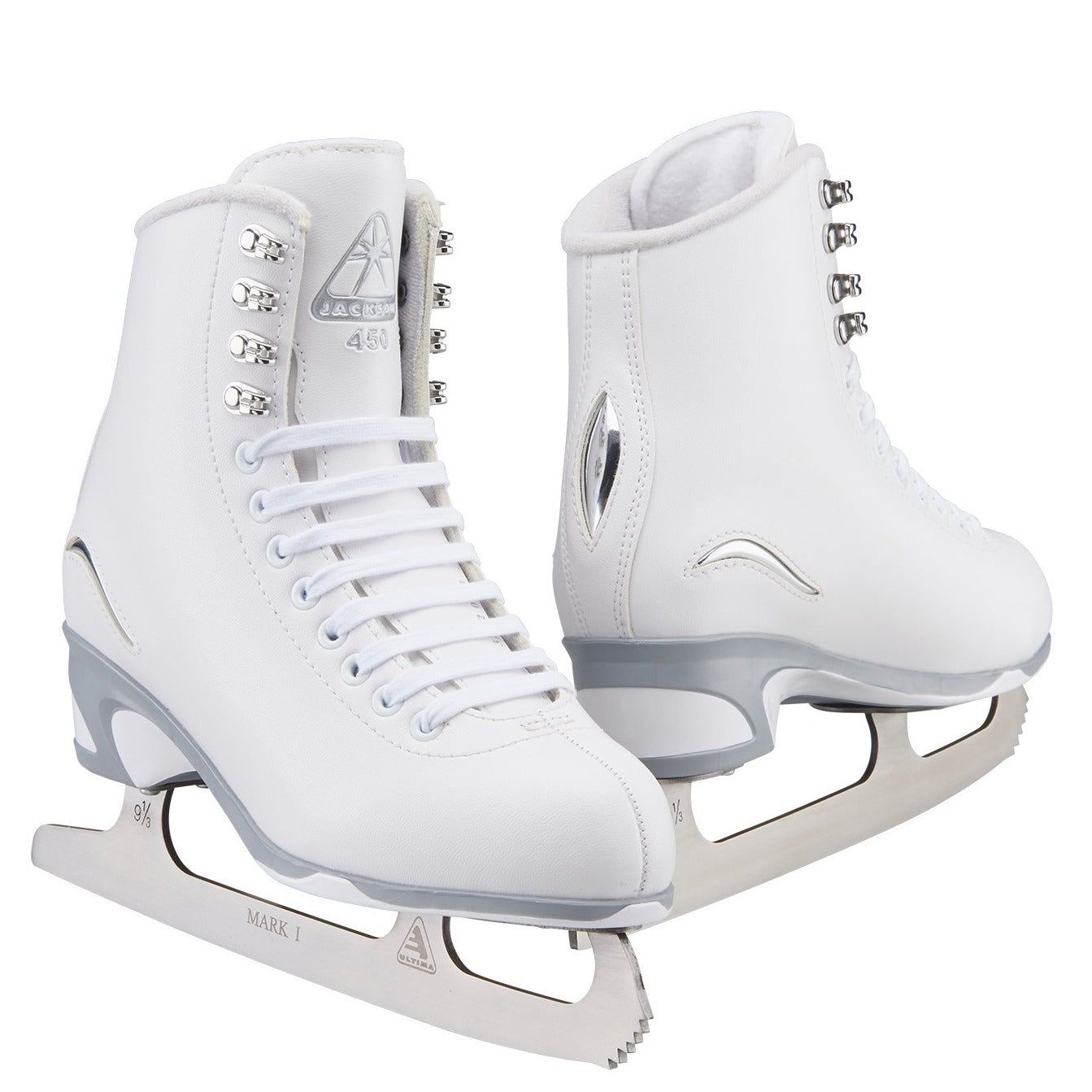 Jackson Finesse Deluxe 450 Women Ice Skates with white padded boot, chrome inserts, and stainless steel Mark I blades for figure skating.