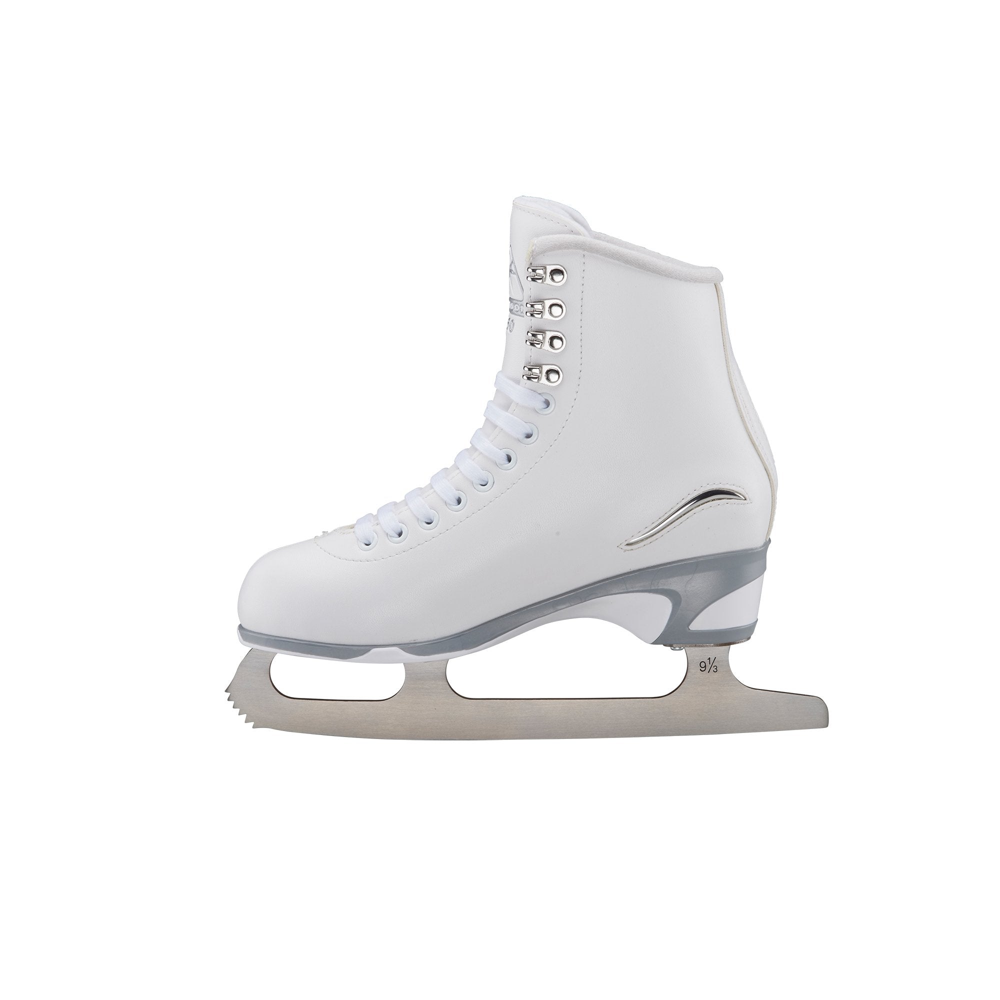 Left side view of Jackson Finesse Deluxe 450 Women Ice Skates featuring smooth white finish and stainless steel blade for skating.