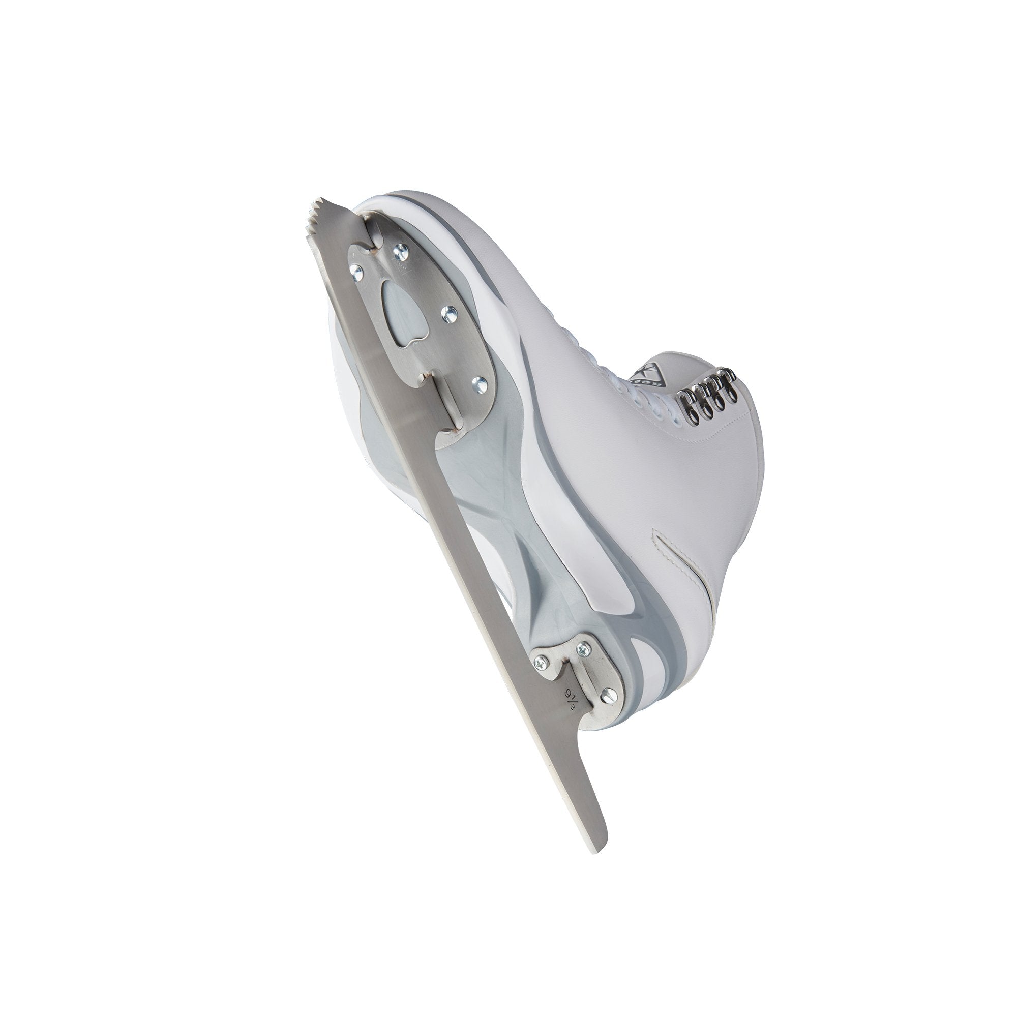 Bottom view of Jackson Finesse Deluxe 450 Women Ice Skates highlighting stainless steel Mark I blade and heel support for stability.