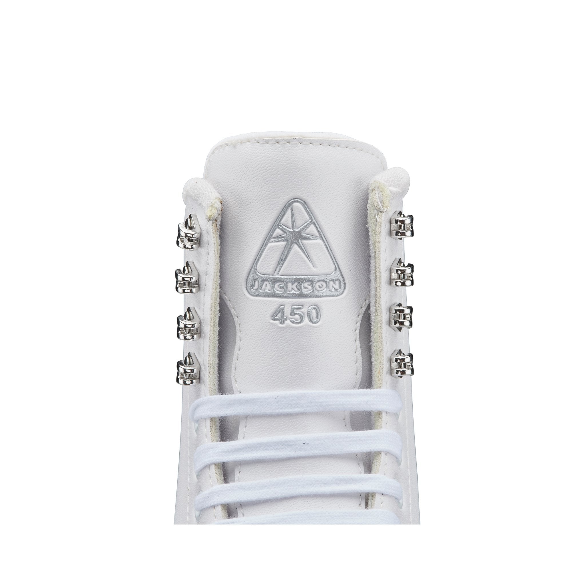 Front view of Jackson Finesse Deluxe 450 Women Ice Skates tongue featuring embossed logo and reinforced lace eyelets for durability.