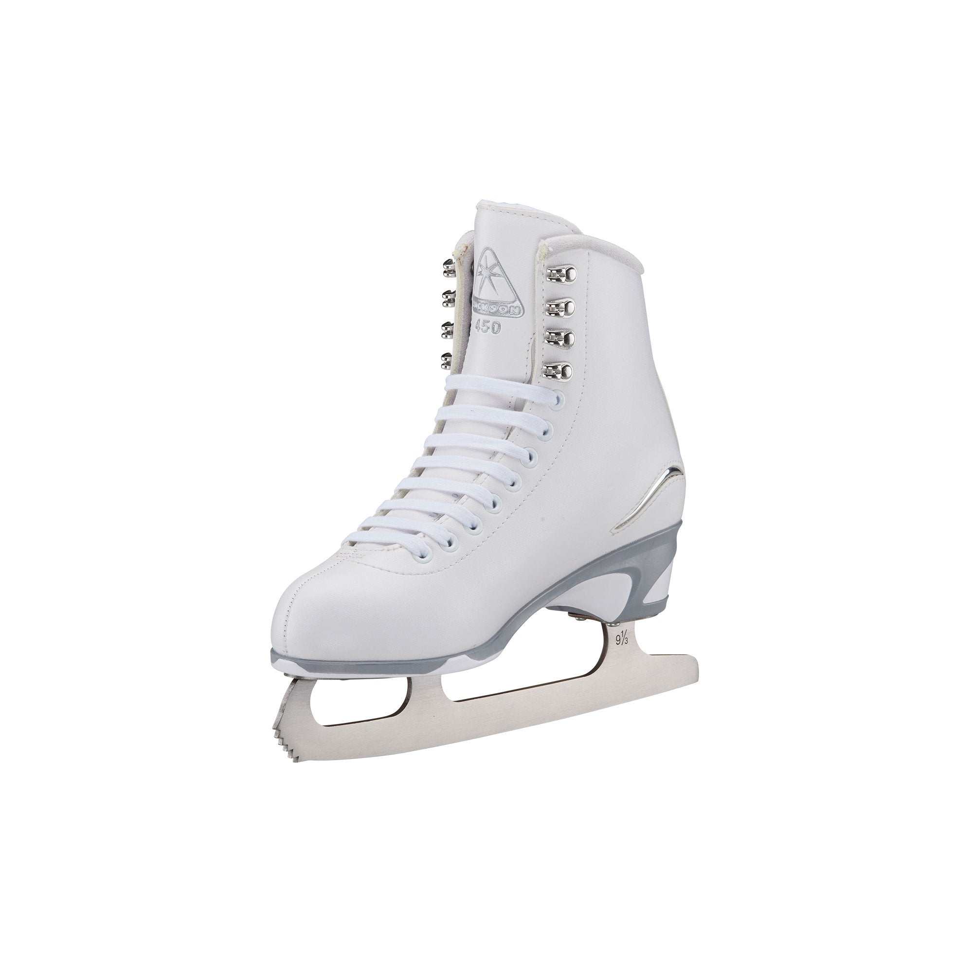 Side angle of Jackson Finesse Deluxe 450 Women Ice Skates showcasing sleek white boot and chrome heel accent for stylish performance.