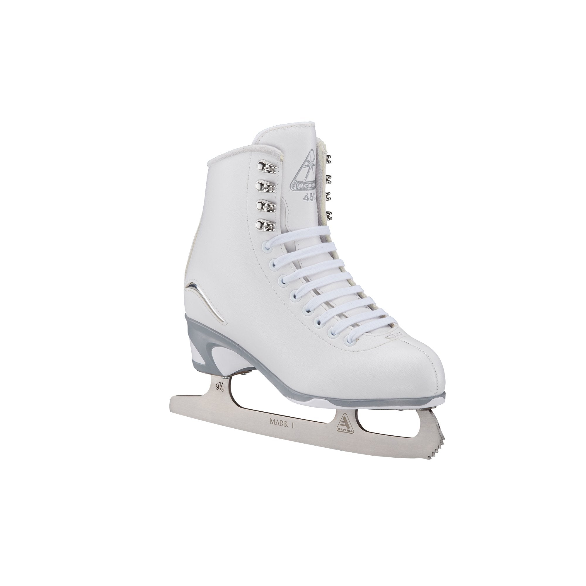 Jackson Finesse Deluxe 450 Women Ice Skates side profile with stainless steel blade and padded boot for comfort and control on ice.
