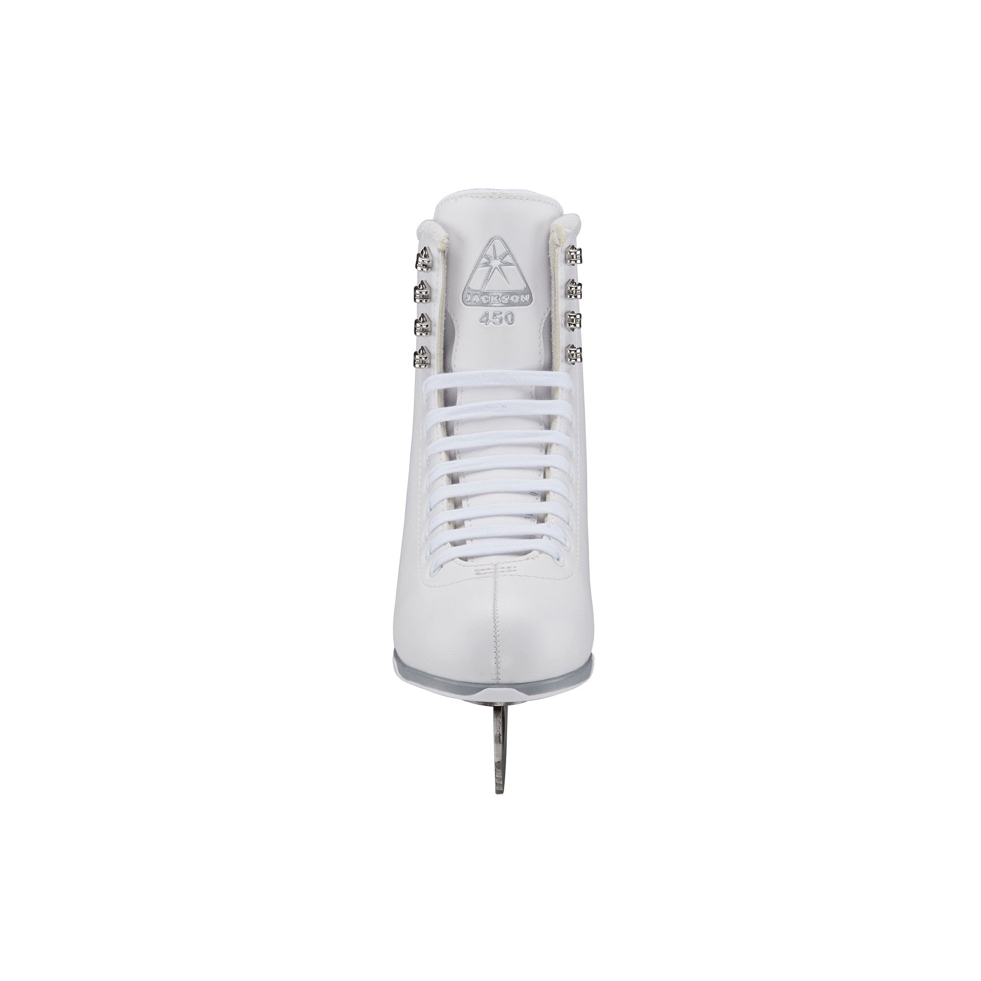 Front view of Jackson Finesse Deluxe 450 Women Ice Skates with symmetrical lacing and reinforced toe for figure skating precision.