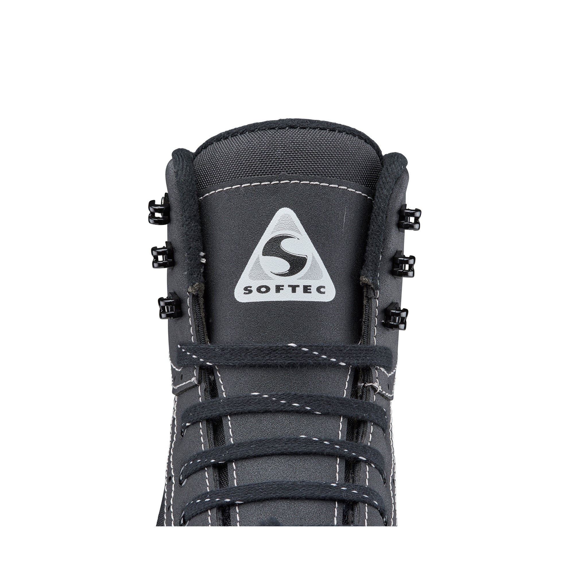 Front view of tongue and laces on black Jackson Softec Vista 3201 Girls Ice Skates, highlighting the Softec logo and lace hooks.