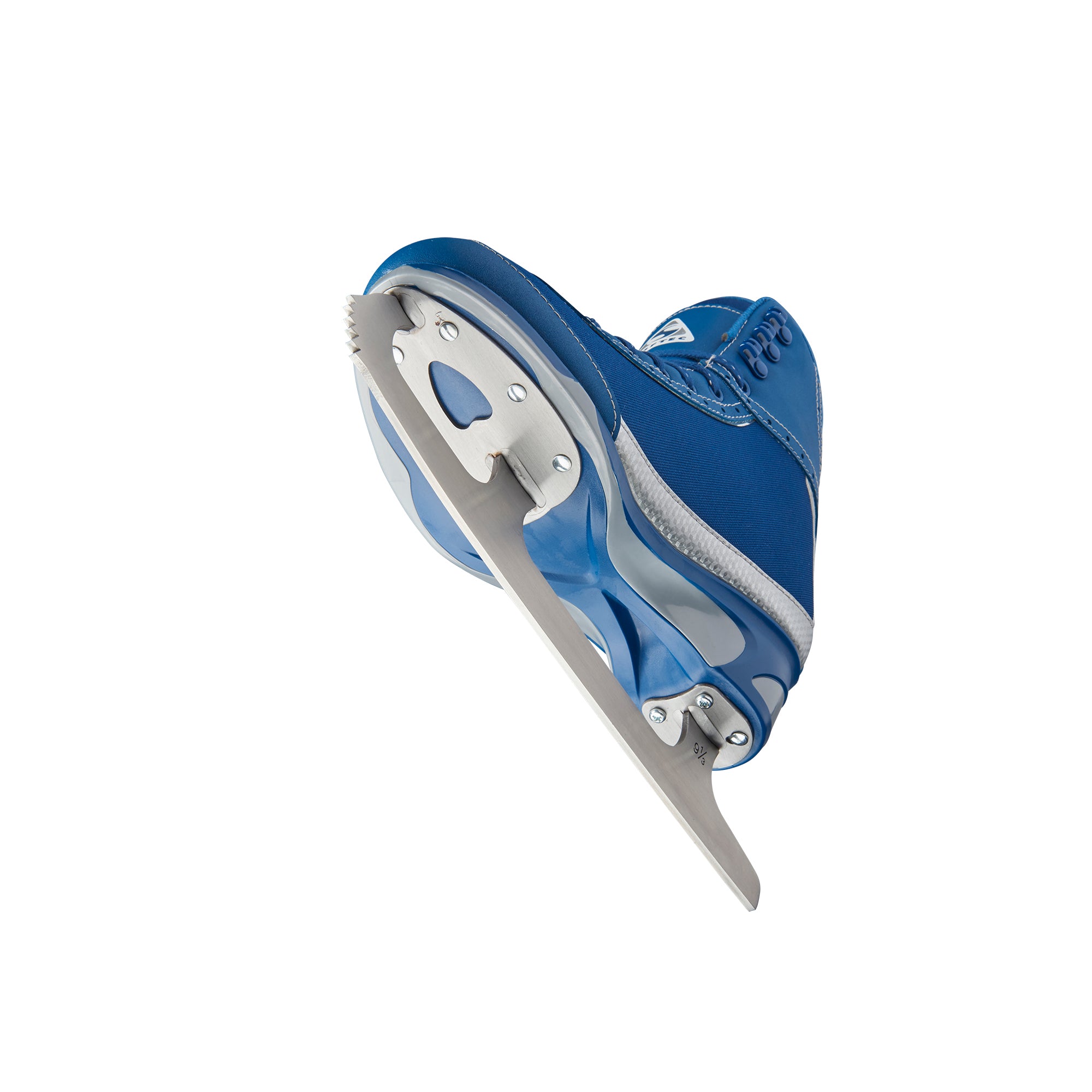 Bottom view of blue Jackson Softec Vista 3201 Girls Ice Skates, displaying stainless steel blade and toe pick design.