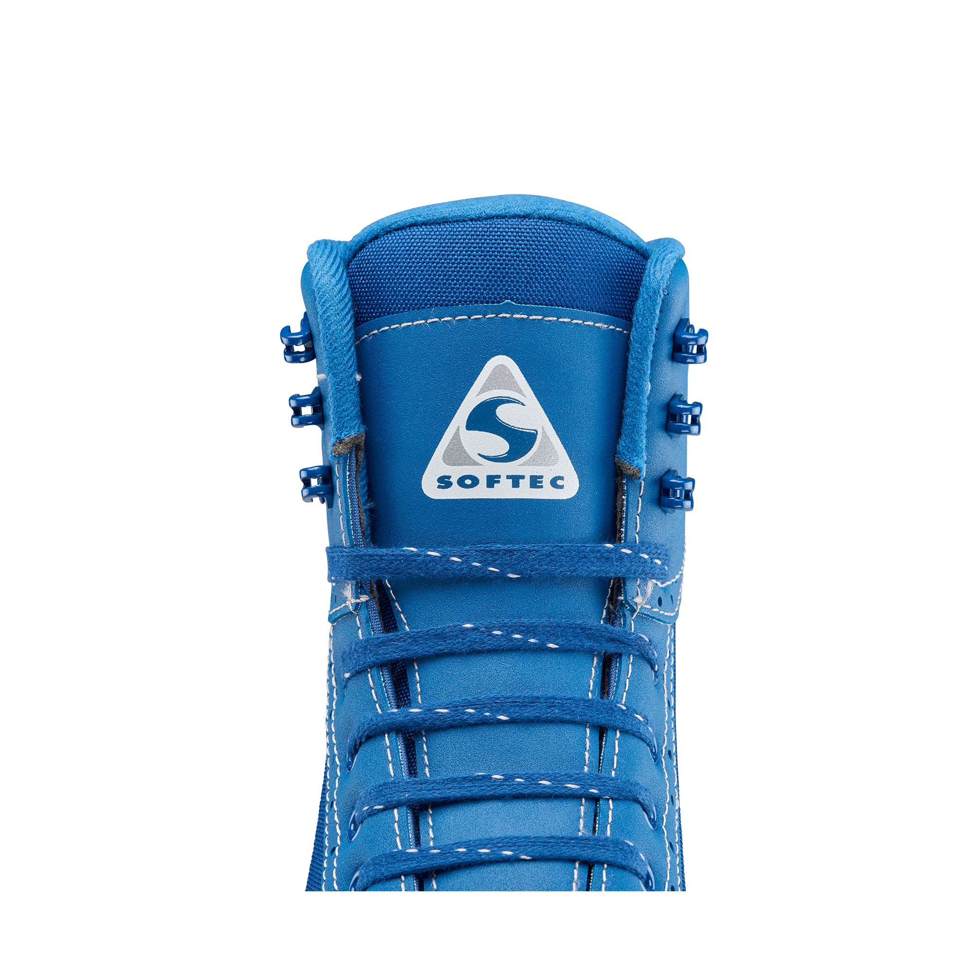Close-up of tongue on blue Jackson Softec Vista 3201 Girls Ice Skates, featuring Softec logo and lace eyelets.