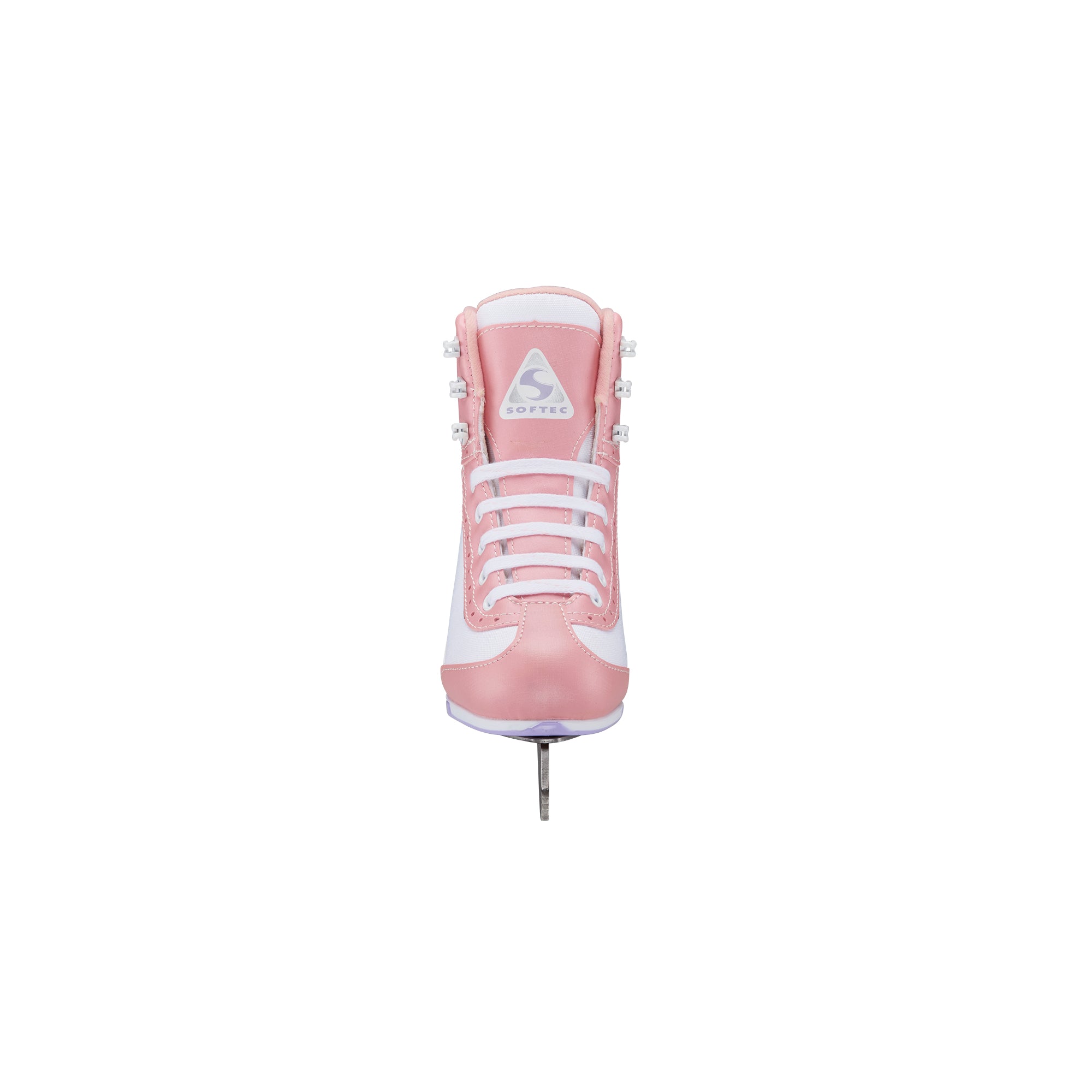 Front view of pink Jackson Softec Vista 3201 Girls Ice Skates, with white laces and centered stainless steel blade.