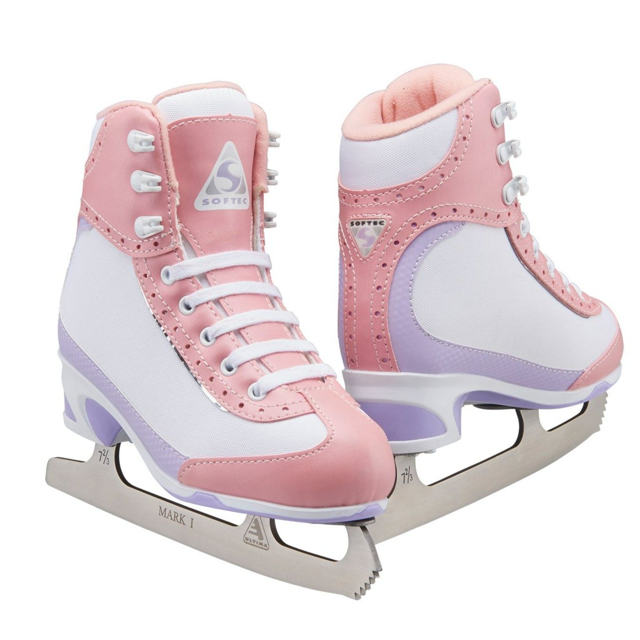 Jackson Softec Vista 3201 Girls Ice Skates in pink and white with lavender outsole, designed for lightweight comfort and stylish performance.