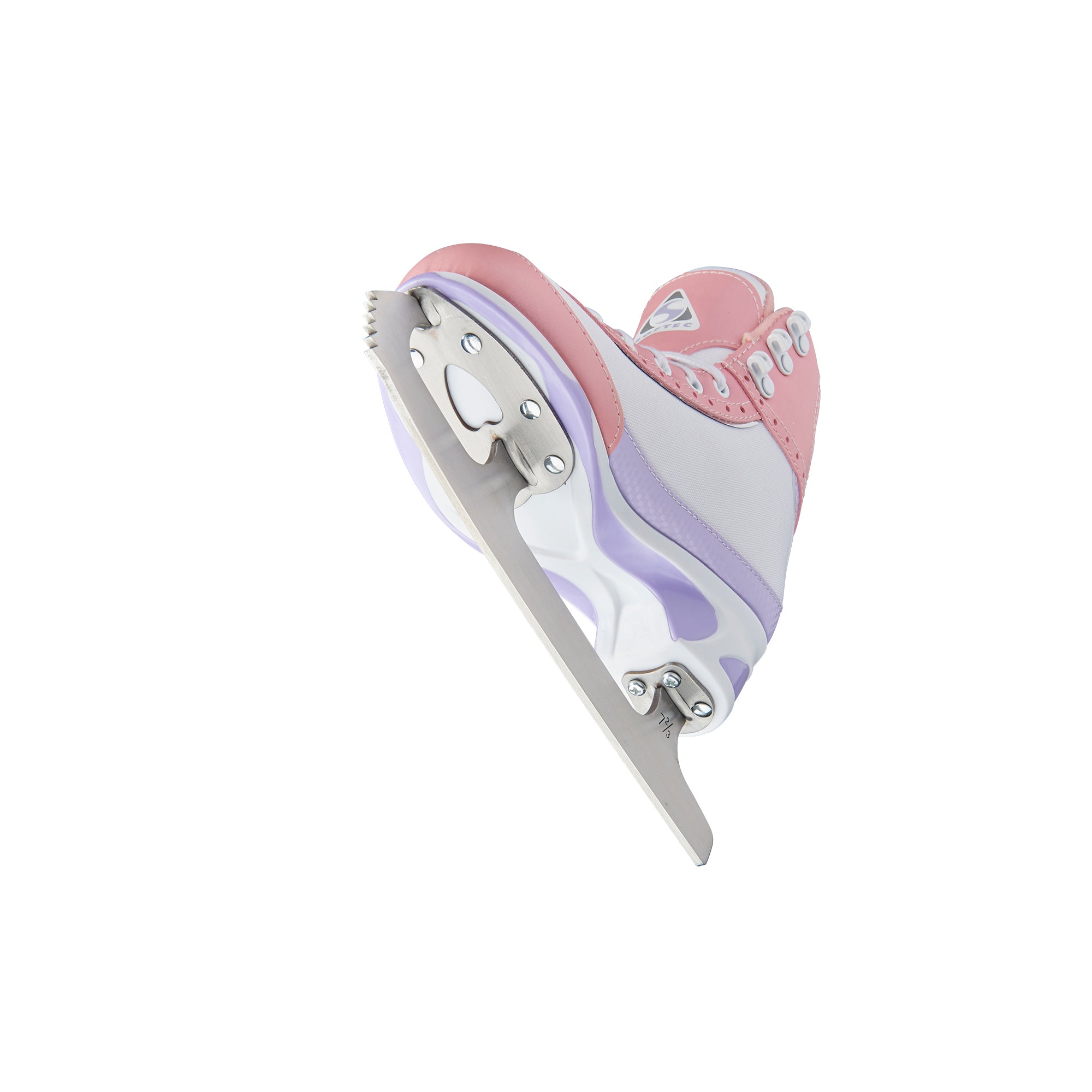 Bottom view of pink Jackson Softec Vista 3201 Girls Ice Skates, showing stainless steel blade and colorful outsole.