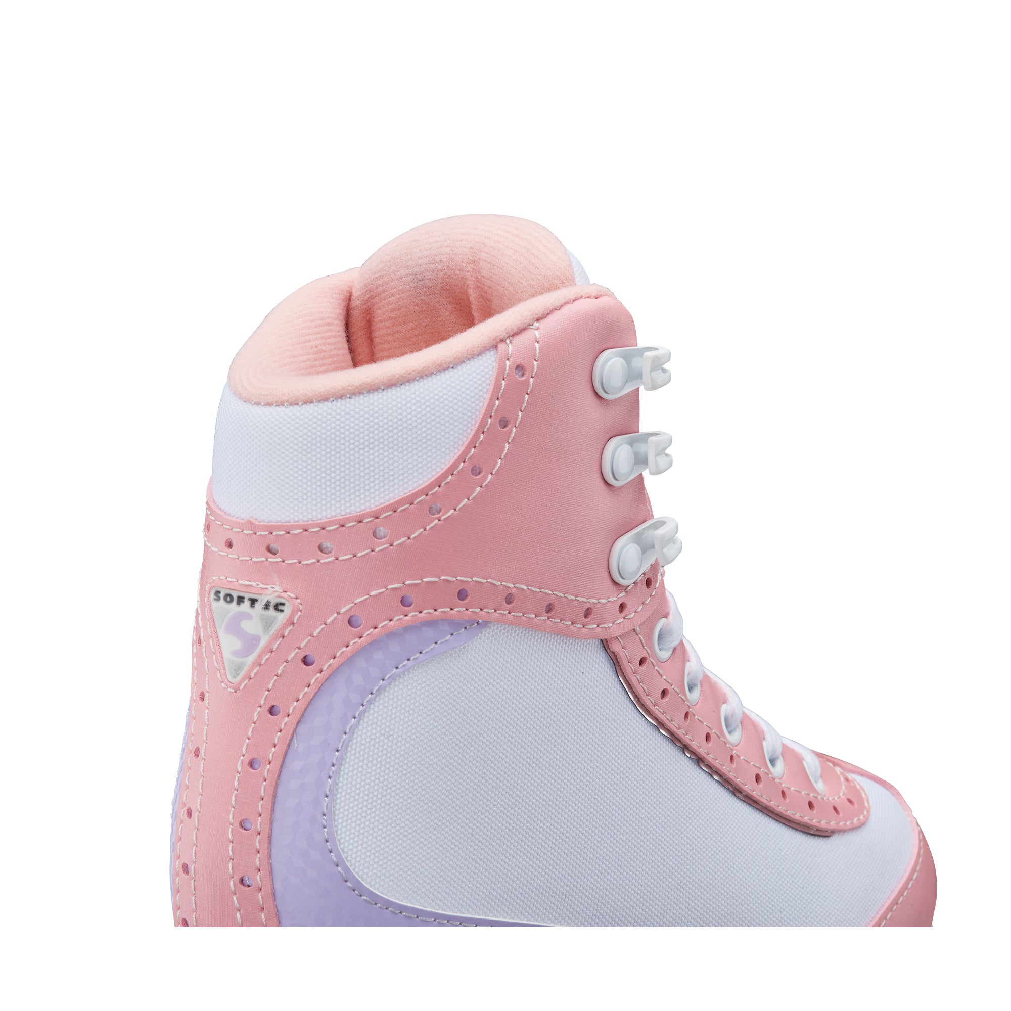 Close-up of ankle area on pink Jackson Softec Vista 3201 Girls Ice Skates, with soft padding and lavender detailing.