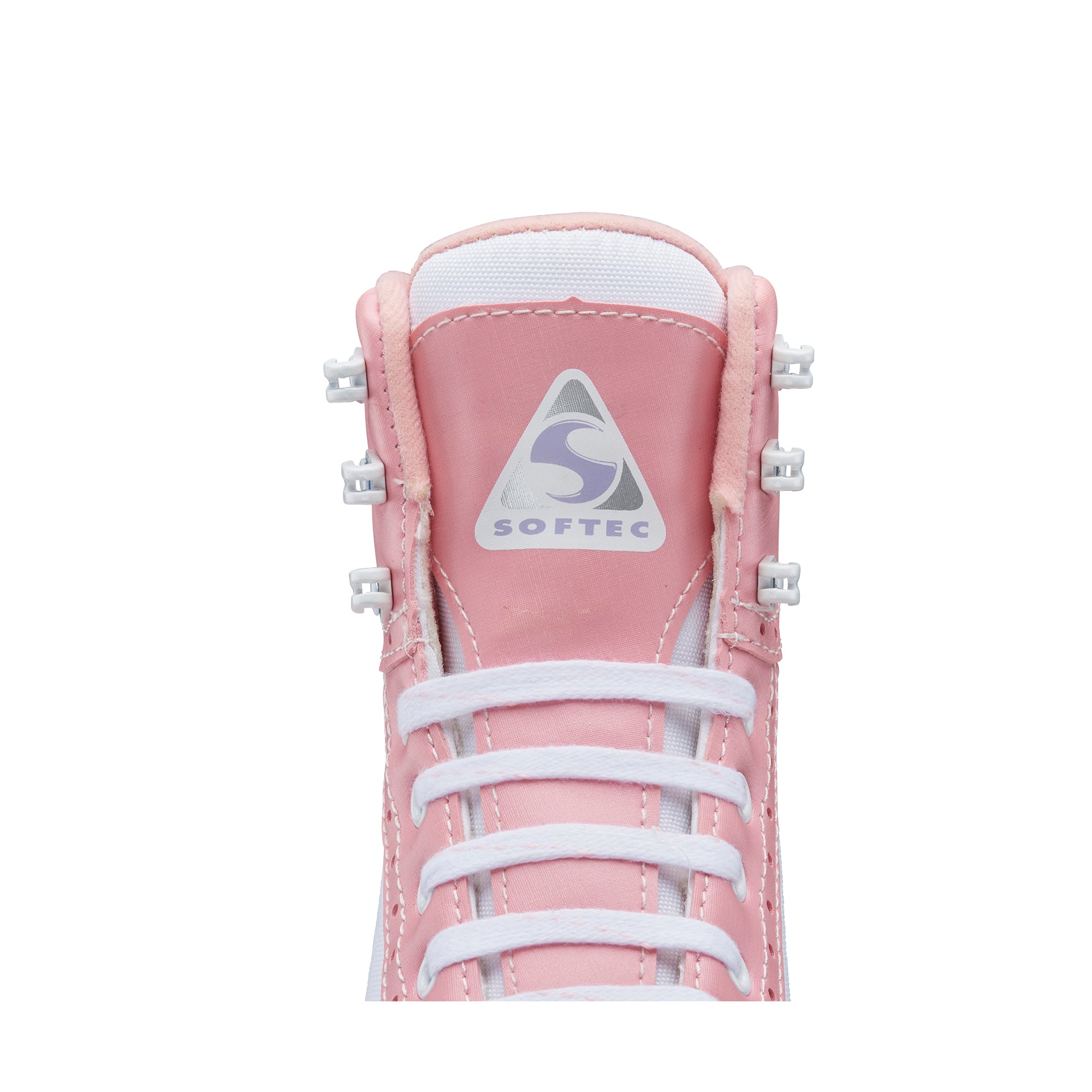 Front view of tongue on pink Jackson Softec Vista 3201 Girls Ice Skates, featuring Softec logo and white lace hooks.