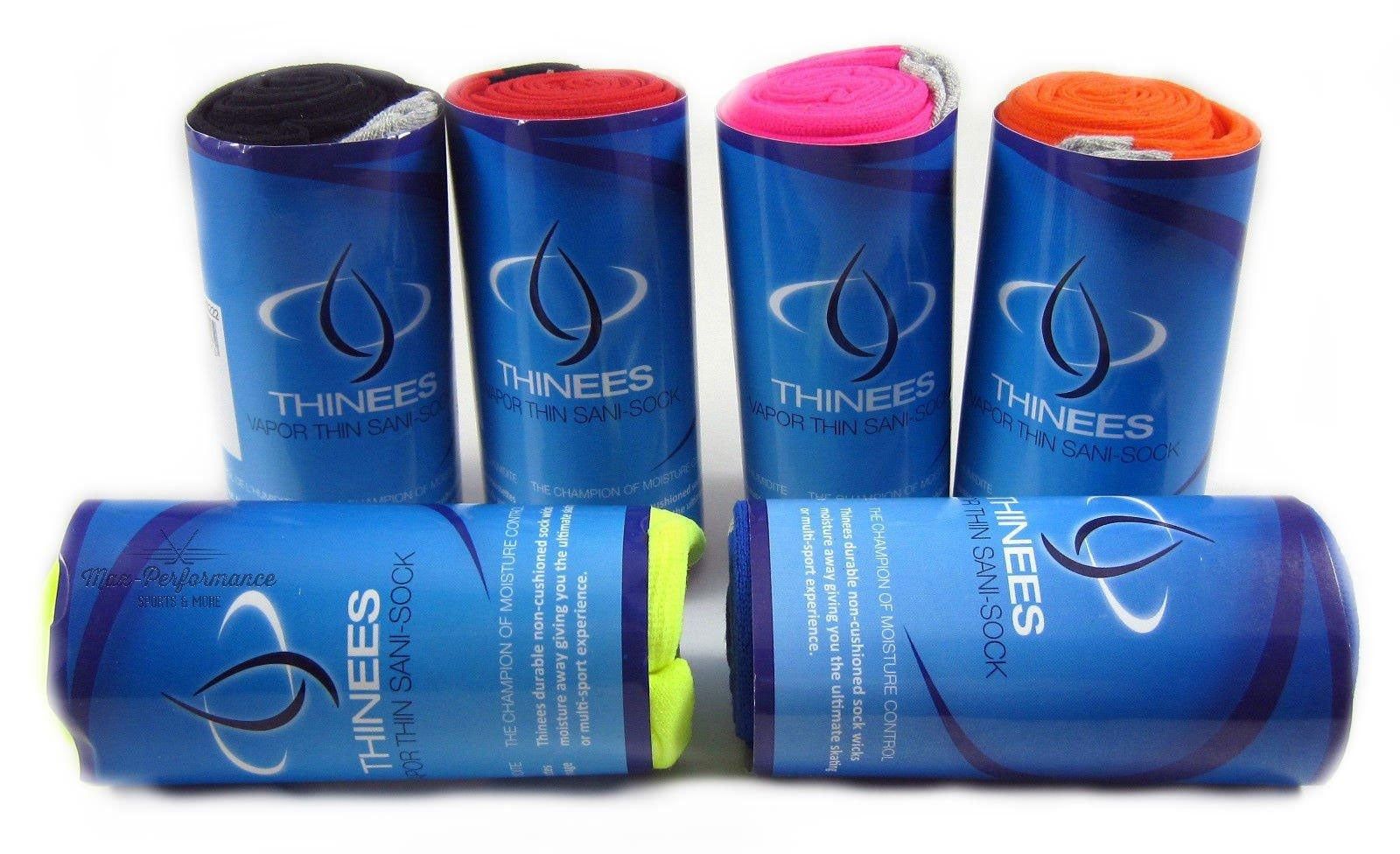 Rolled Thinees Ultra-Thin Skating Sani-Socks in branded blue packaging, showcasing color variety and compact design for skaters.