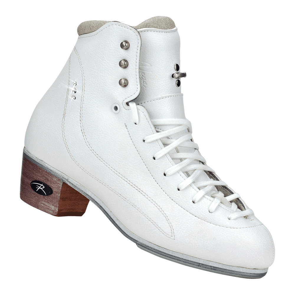 Riedell Vega womens figure skate boot in white with wood-look heel, designed for competitive figure skaters seeking comfort and support.