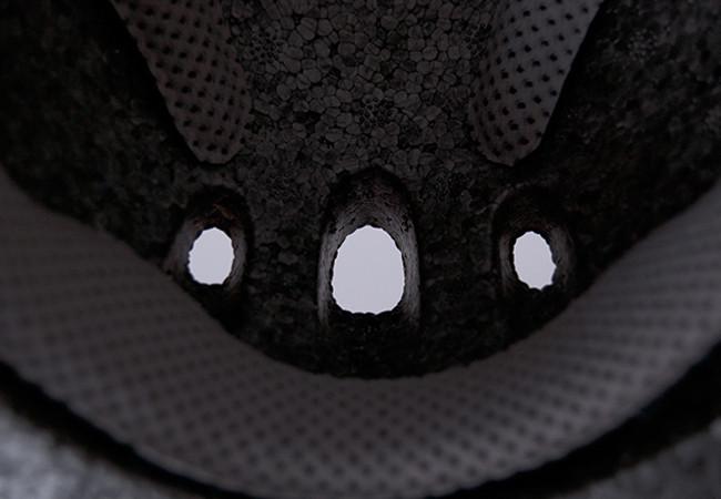 Close-up of ventilation holes inside Wuevo Ice Skating Helmet, highlighting airflow design and breathable padding for skaters.