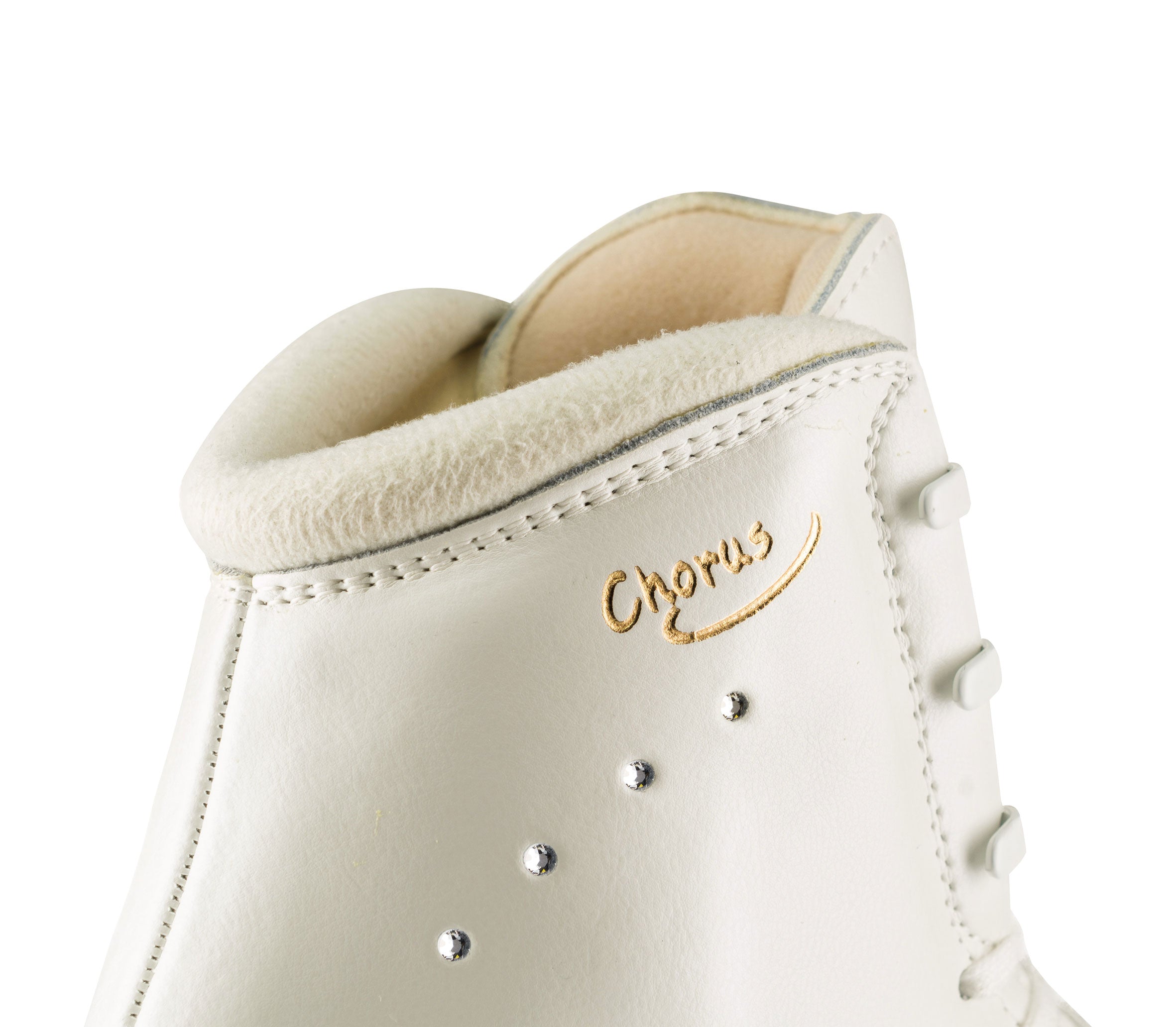Side ankle detail of Edea Chorus figure skate boot with gold 'Chorus' branding and embedded crystals for style.