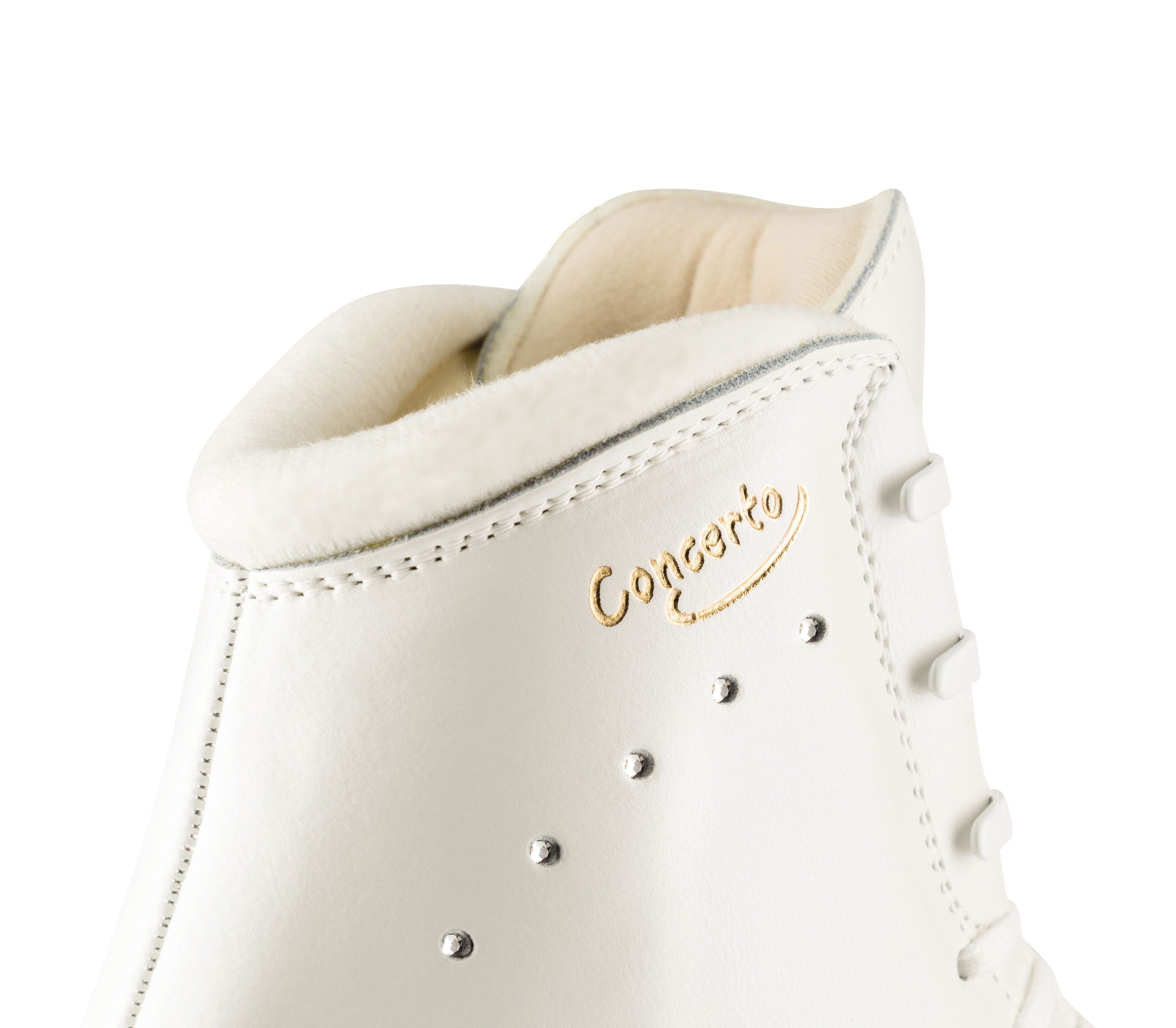 Upper collar of Edea Concerto Figure Skate Boot with gold 'Concerto' branding and reinforced eyelets for secure lace-up fit.