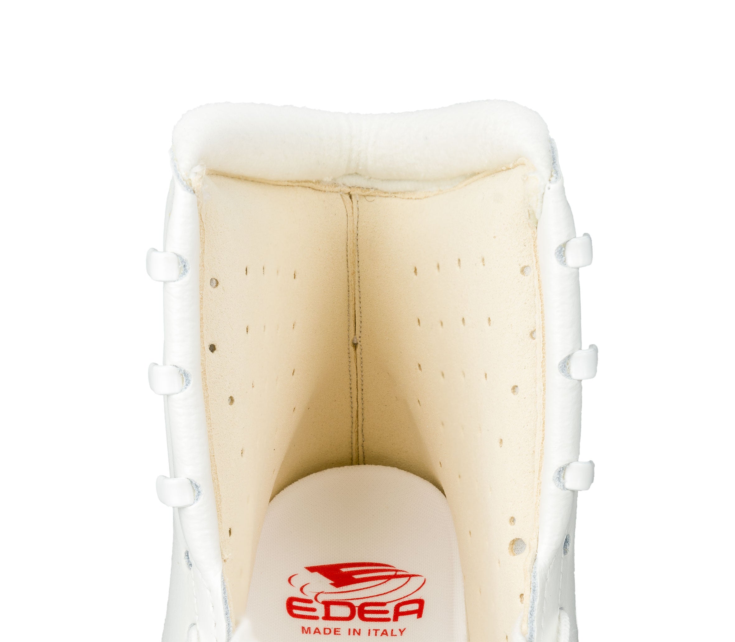 Interior view of Edea Chorus figure skate boot showing padded lining and red Edea Made in Italy branding on insole.