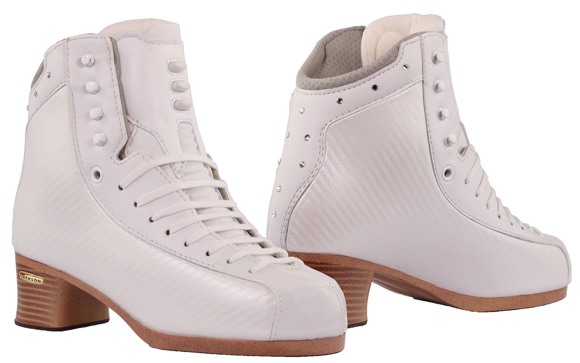 Jackson Synergy Elite Skate Boots with Fusion Sole and 75 stiffness, featuring a sleek white design and supportive ankle structure for women skaters.