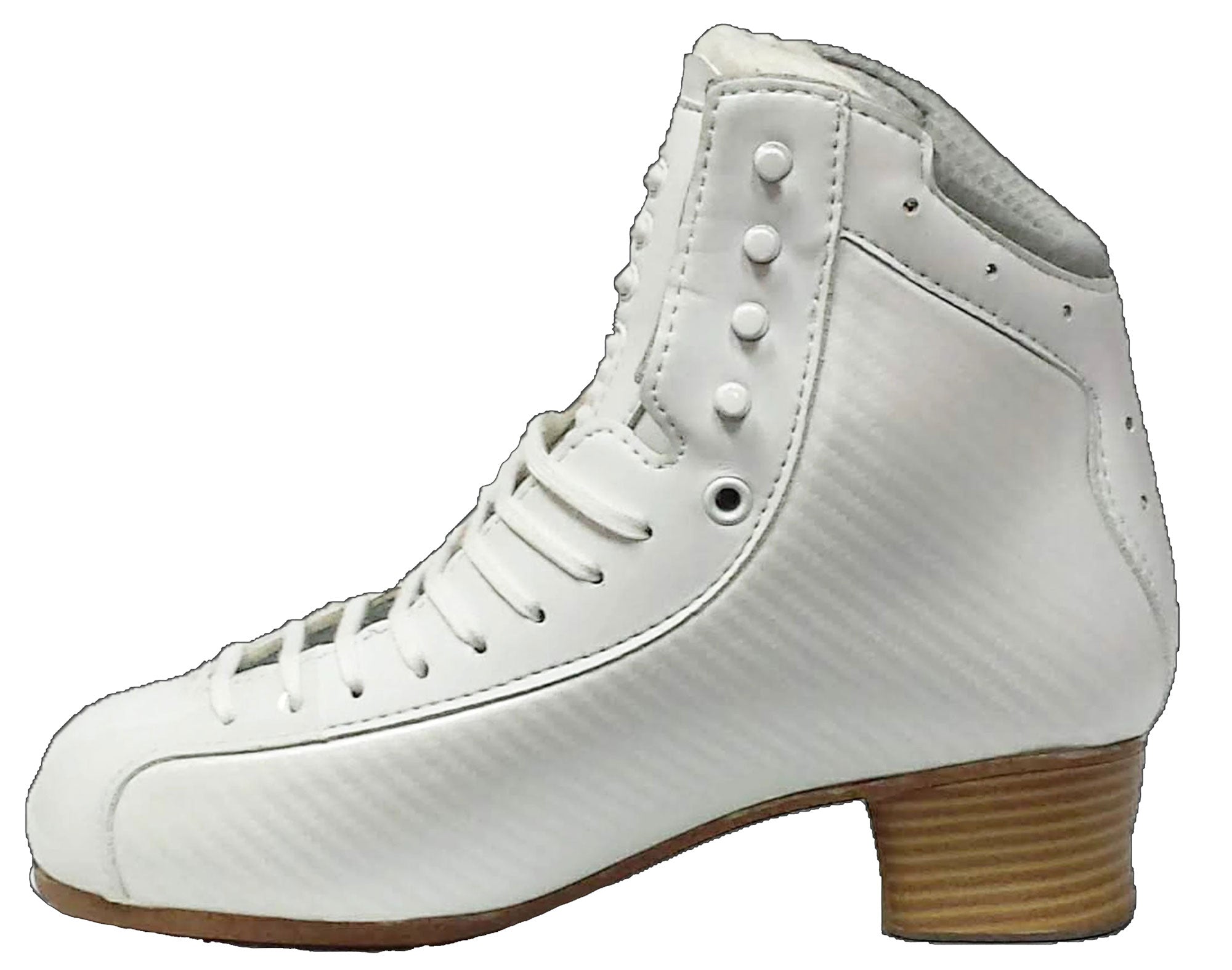 Side view of Jackson Womens Synergy Pro 60 Stiffness Figure Skate Boot featuring lightweight carbon fiber texture and reinforced ankle support.