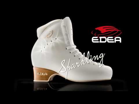 Edea Flamenco Figure Skate Boots in white with sparkling text overlay, highlighting luxury and performance for ice dancers.