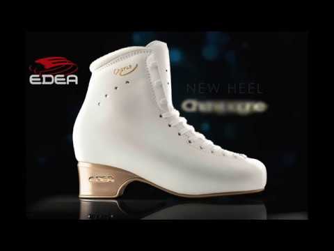 Promotional image of white Edea Chorus figure skate boot with gold heel and Edea branding, highlighting new heel design.