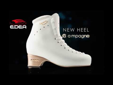 Promotional image of Edea Concerto Figure Skate Boot in white with champagne heel, highlighting new heel design for enhanced performance.