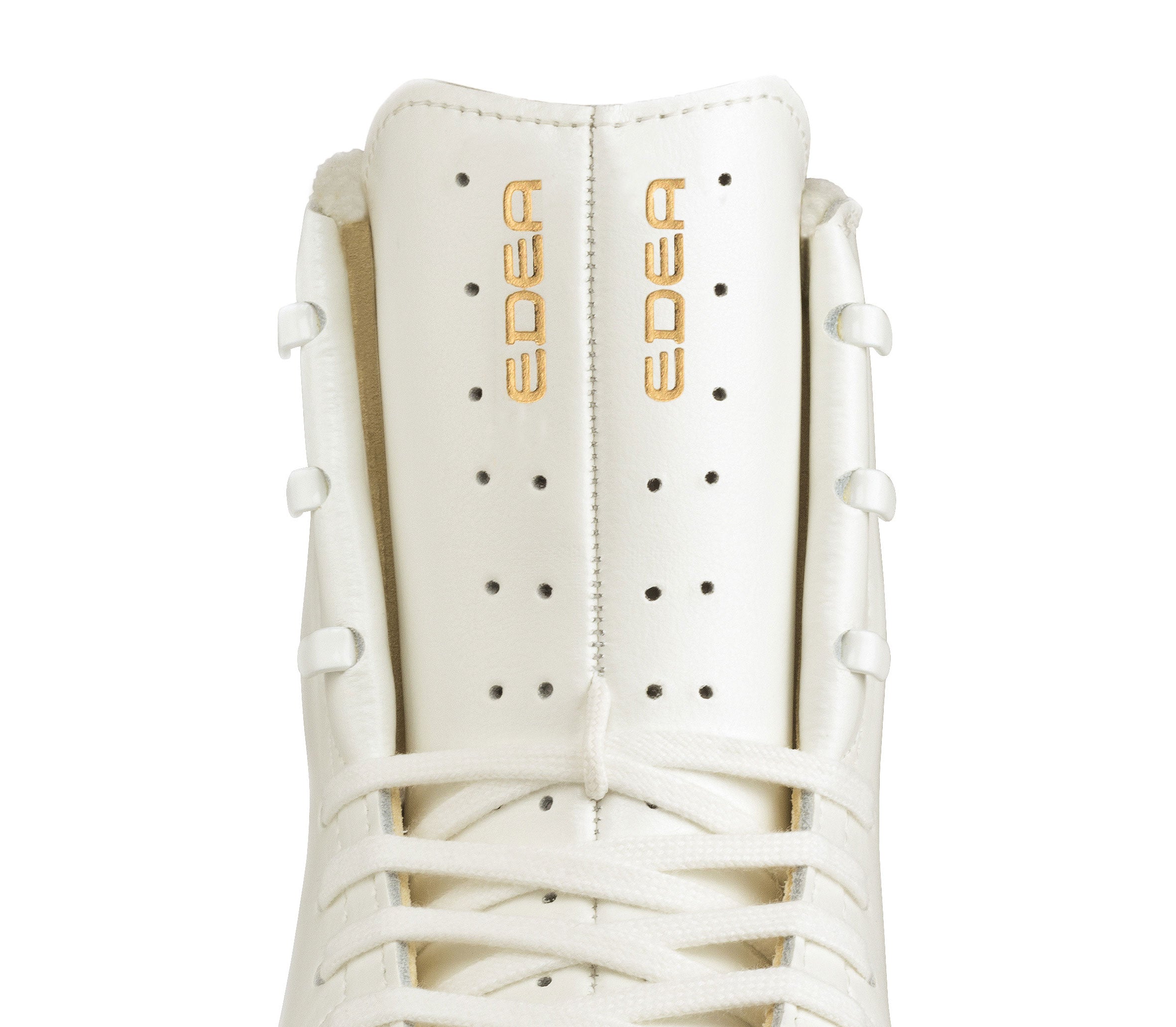 Front view of Edea Concerto Figure Skate Boot tongue with gold Edea branding and ventilation holes for breathability and comfort.