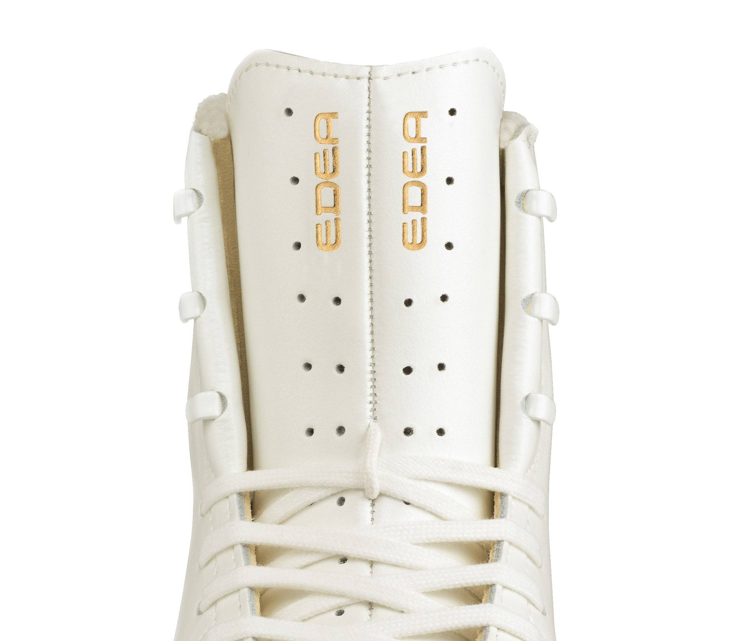 Front view of Edea Concerto Figure Skate Boot tongue with gold Edea branding and ventilation holes for breathability and comfort.