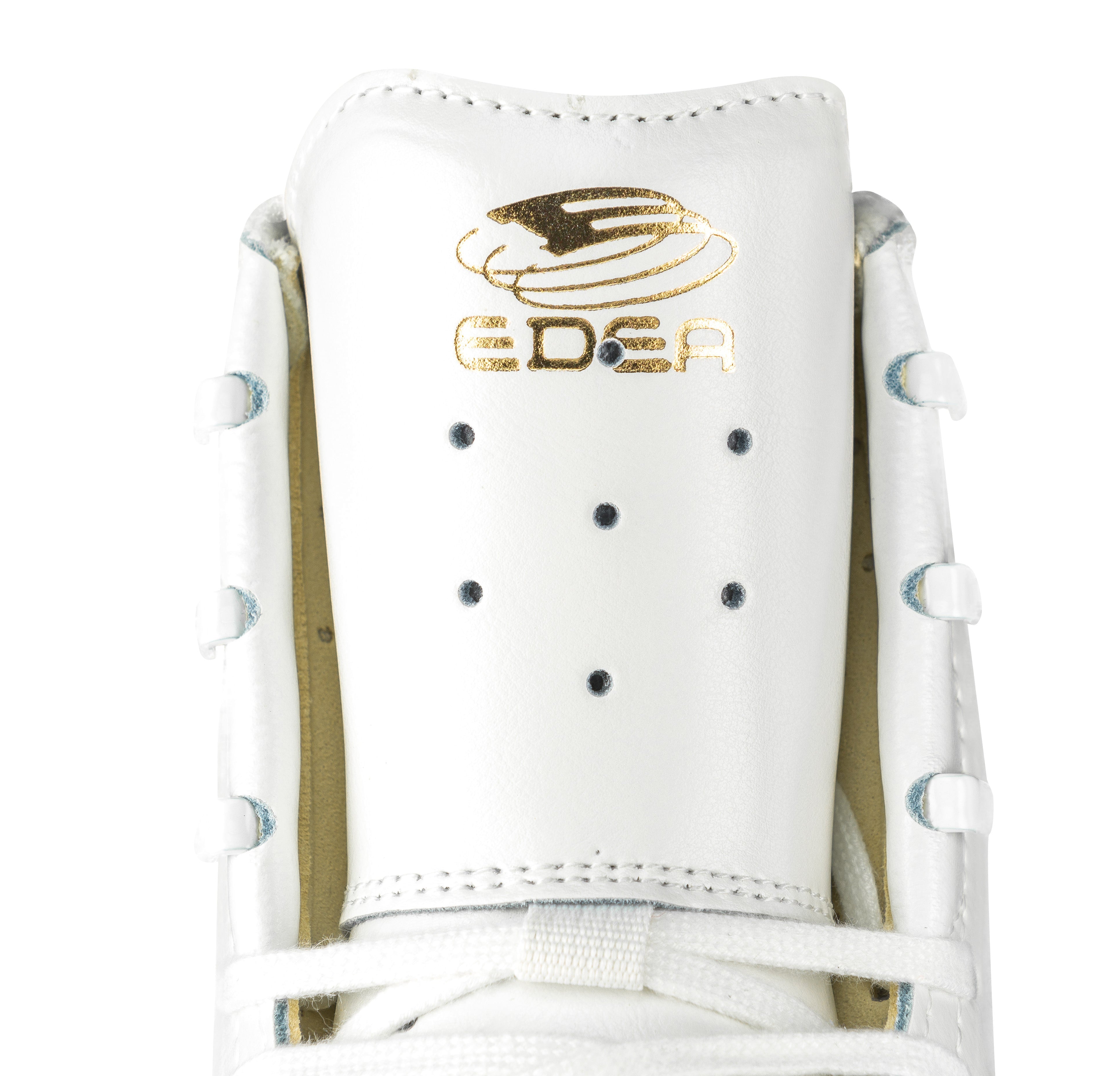 Close-up of the Edea Flamenco skate tongue with gold logo detailing, highlighting premium craftsmanship and Italian design.