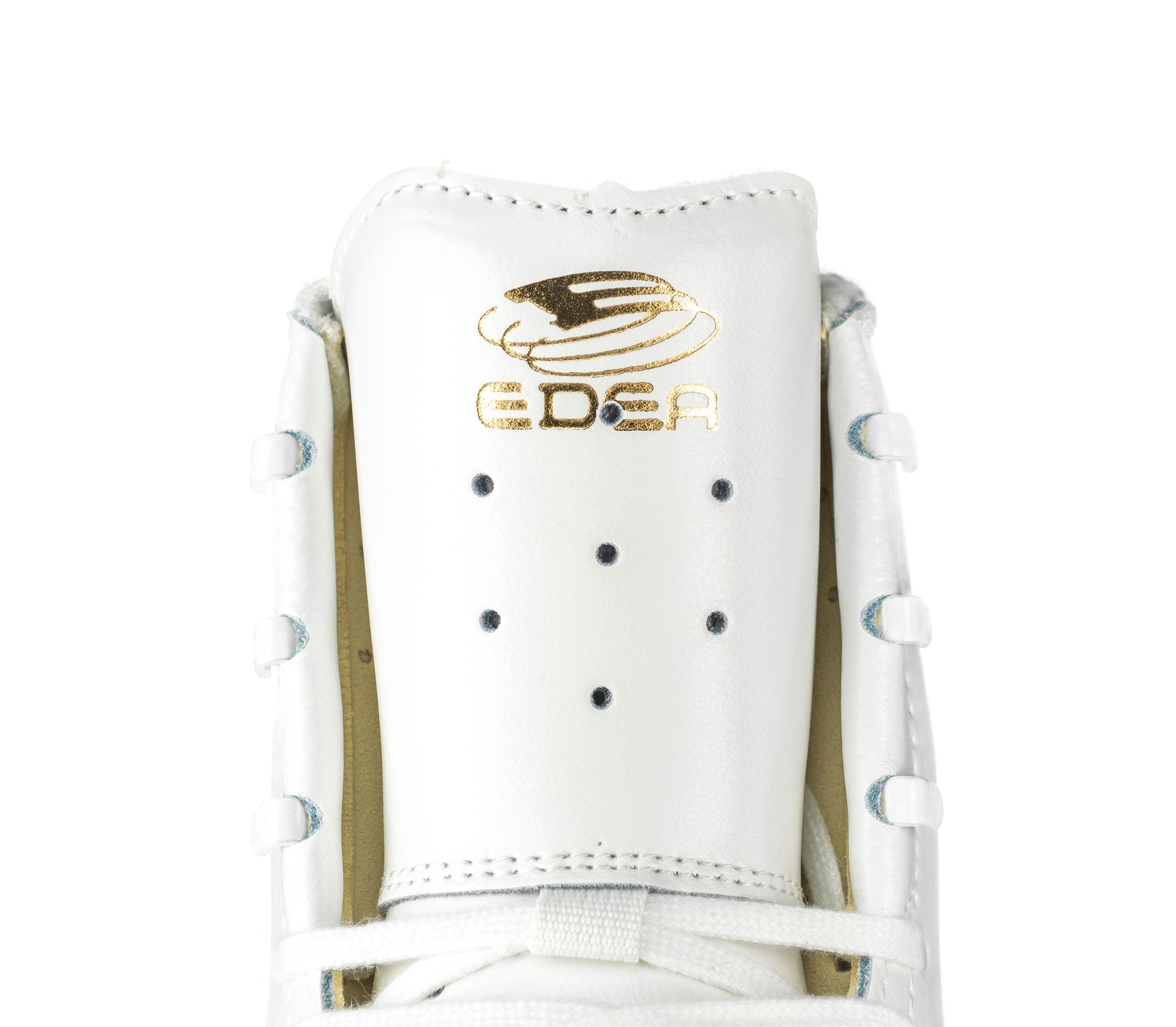 Close-up of Edea Chorus white skate boot tongue featuring gold Edea logo and ventilation holes for breathability.