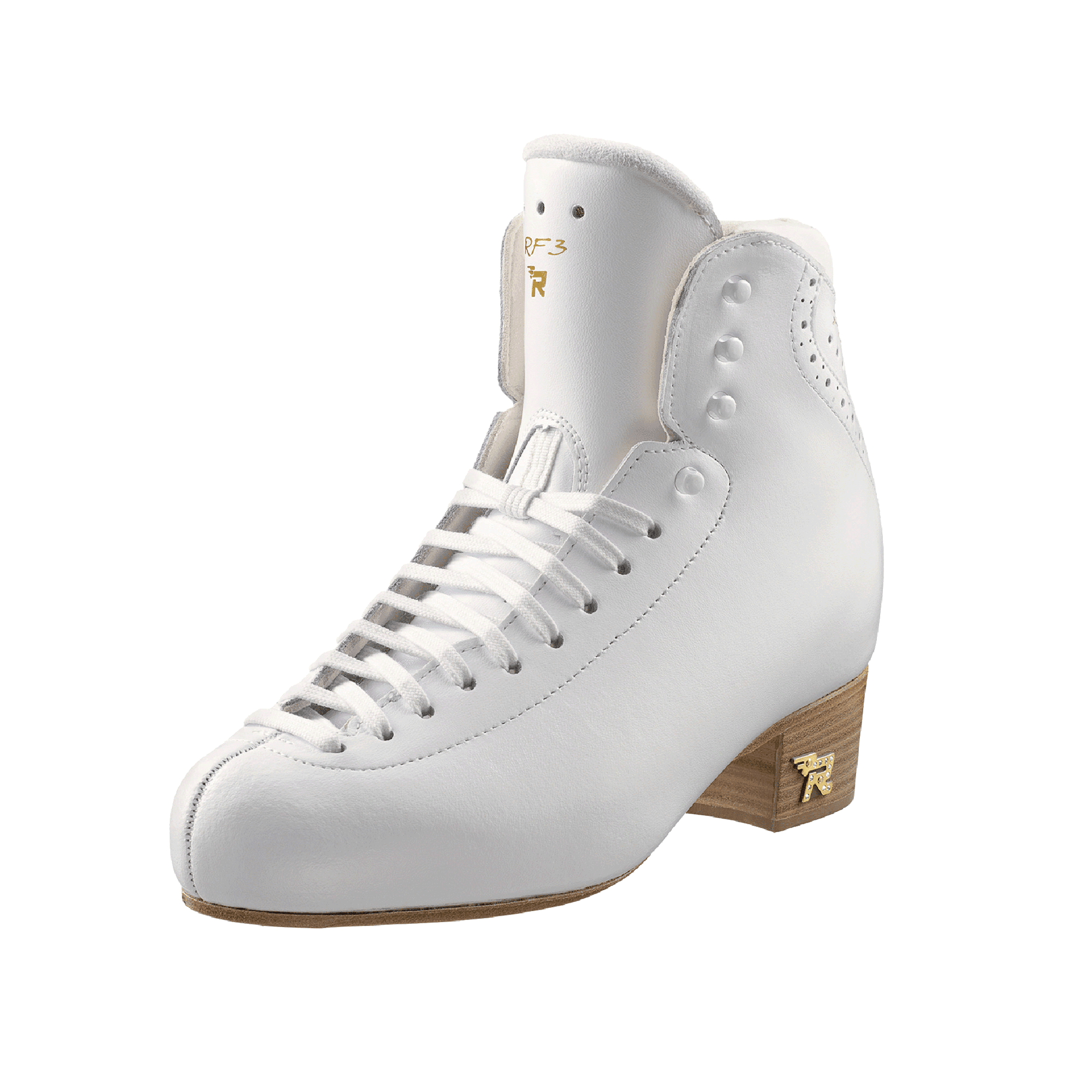 Risport RF3 Pro figure skate boot in white leather with reinforced ankle support and wooden heel, ideal for competitive figure skaters.