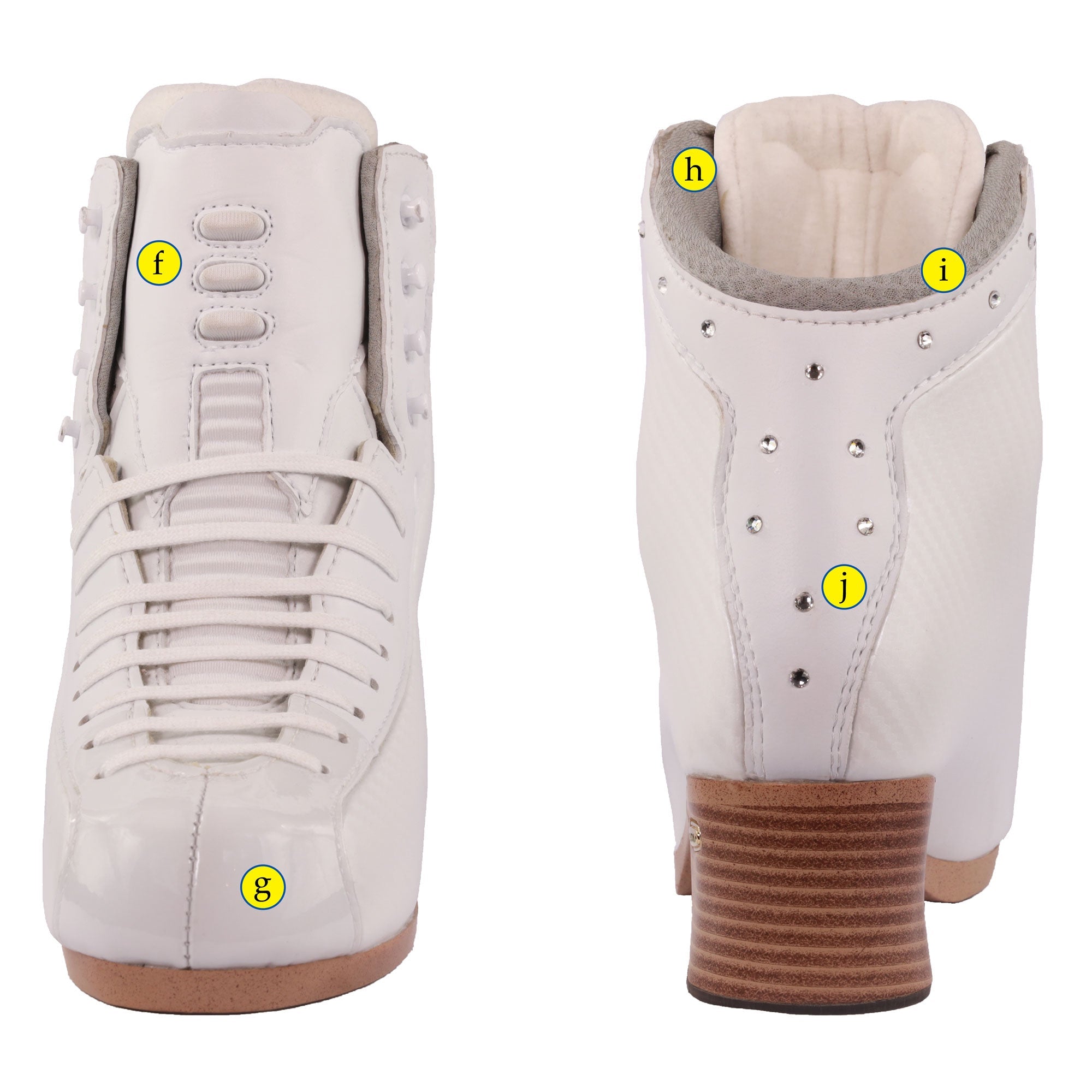 Front and rear views of Jackson Synergy Elite Skate Boots highlighting anatomical padding, reinforced heel, and crystal accents for style and comfort.