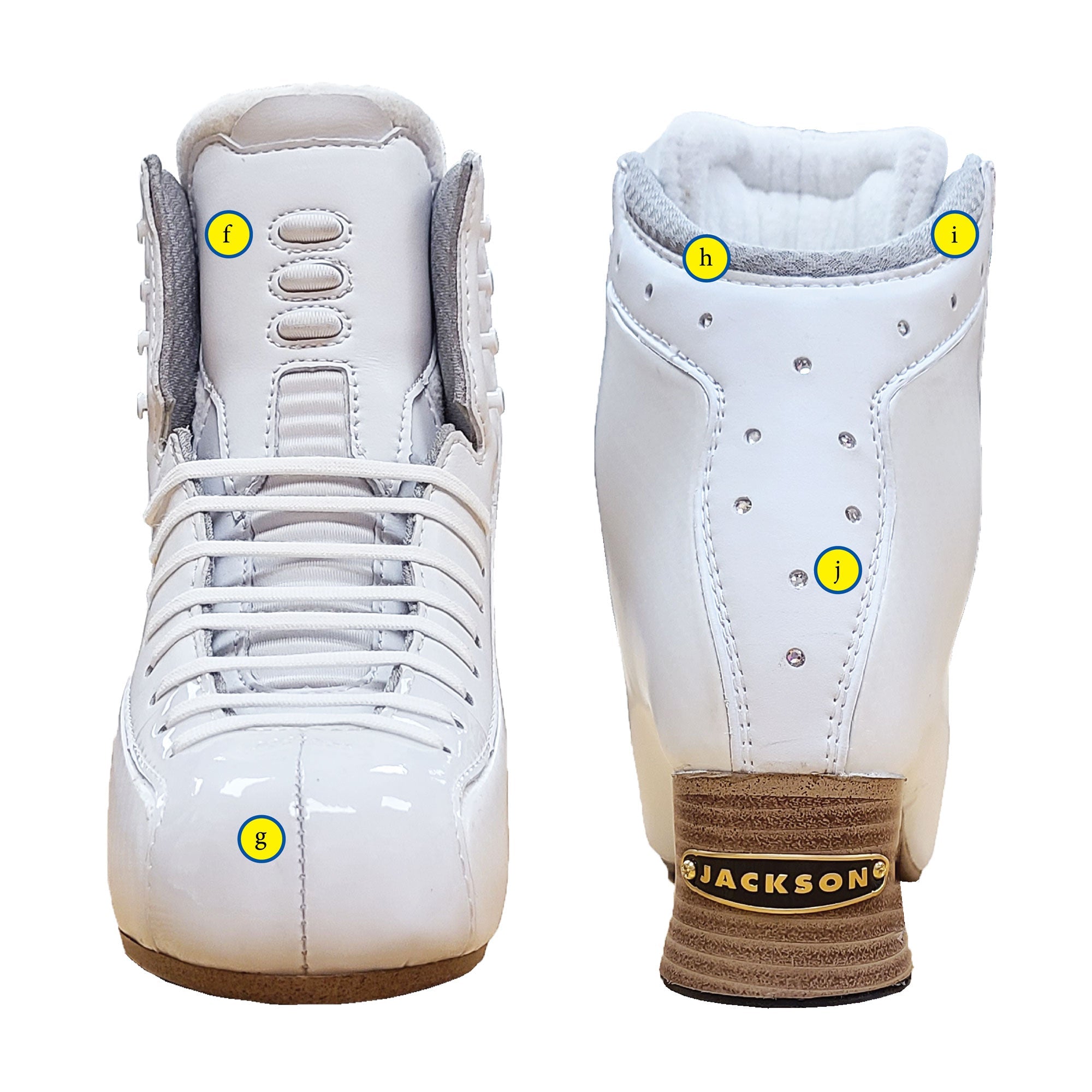 Front and rear views of Jackson Womens Synergy Pro Figure Skate Boots highlighting padded tongue, heel support, and Jackson branding.