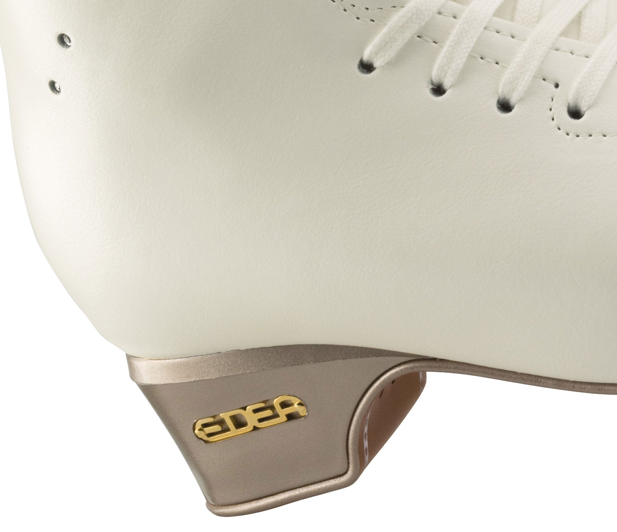 Detailed heel view of Edea Chorus figure skate boot with gold Edea logo on metallic bronze heel support.