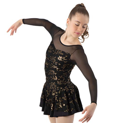 Black and gold mesh covered figure skate dress