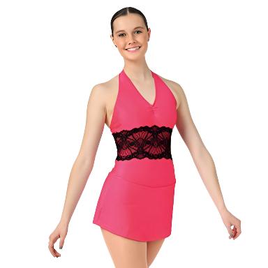 Pink halter figure skate dress with black lace detail