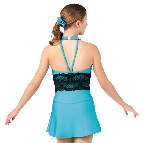 Blue halter figure skate dress with black lace back view